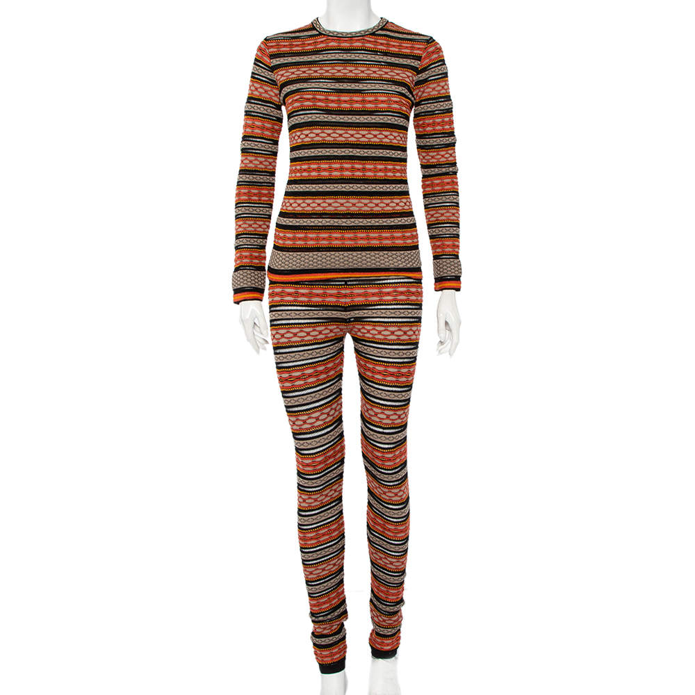 Pre Owned M Missoni Multicolor Patterned Knit Long Sleeve Sheer Top & Leggings M