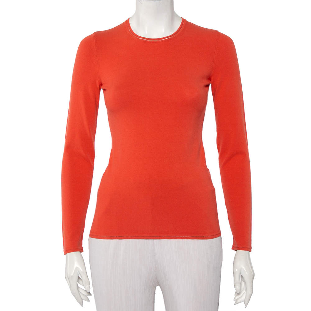 Pre Owned M Missoni Orange Knit Long Sleeve Roundneck T-Shirt M