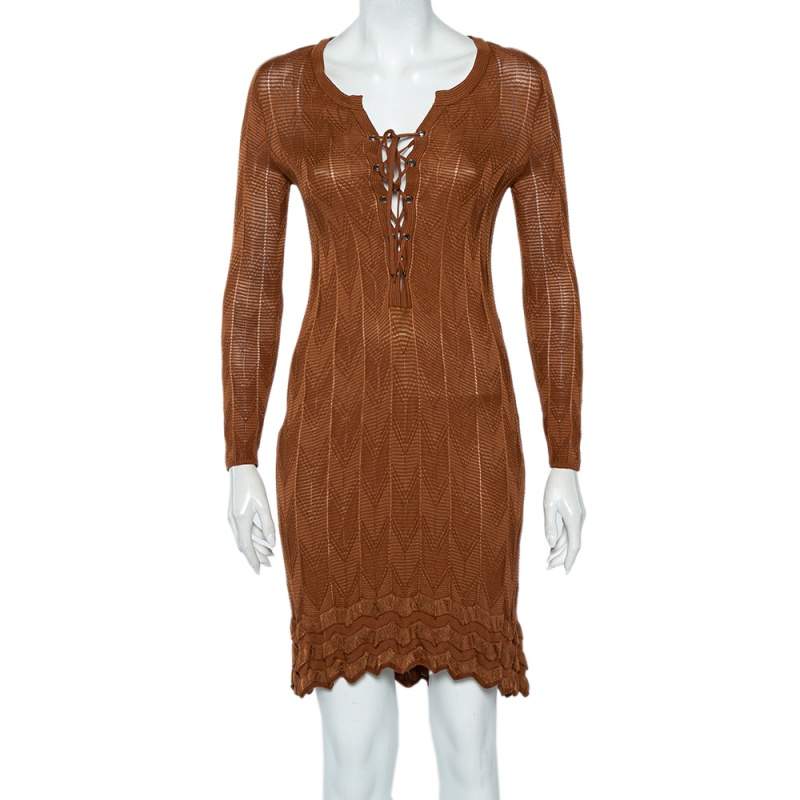 Pre Owned فستان إم ميزوني تريكو نمط بني مزين رباط علوي متوسط الطول مقاس وسط (ميديوم)