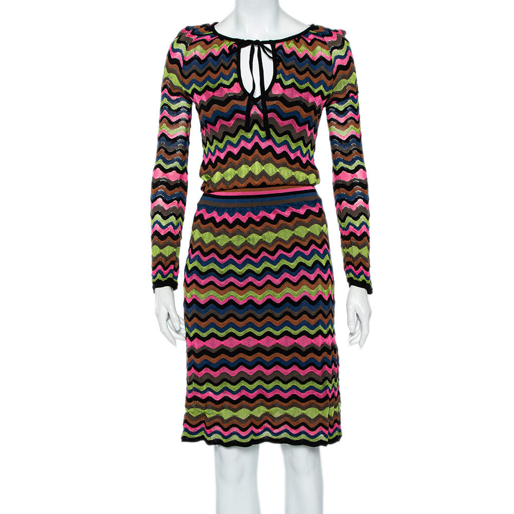 M Missoni Multicolor Zig Zag Patterned Knit Midi Dress M
