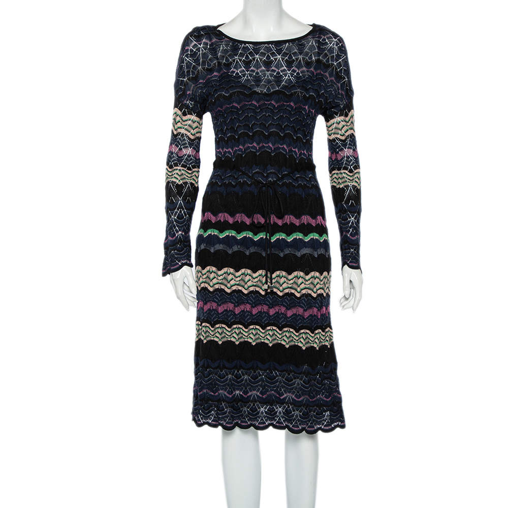 Pre Owned M Missoni Multicolor Patterned Knit Waist Tie Detail Midi Dress M