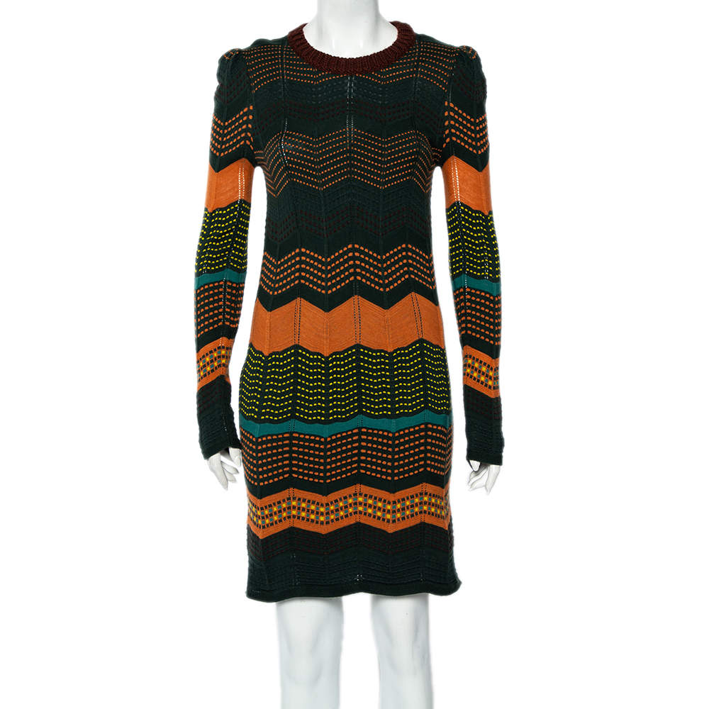 Pre Owned M Missoni Green & Orange Dot Patterned Knit Dress M
