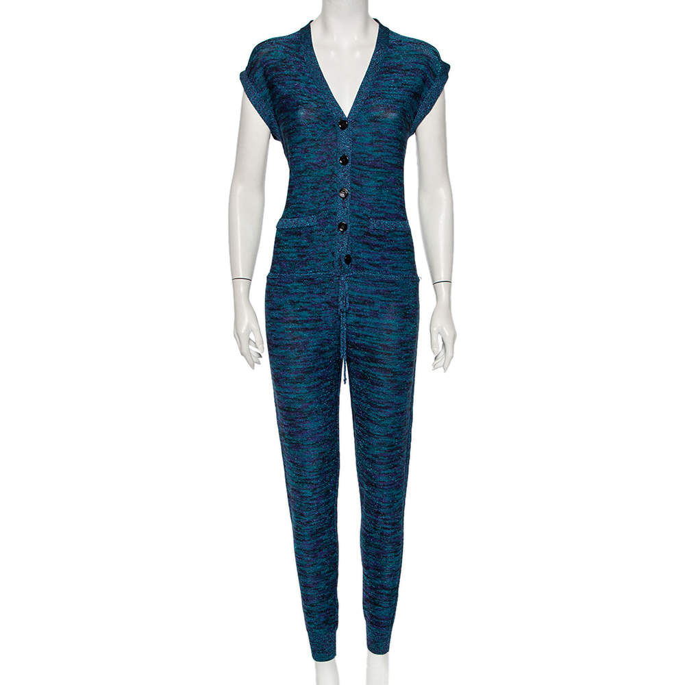 Pre Owned M Missoni Blue Lurex Knit Cap Sleeve Jumpsuit S