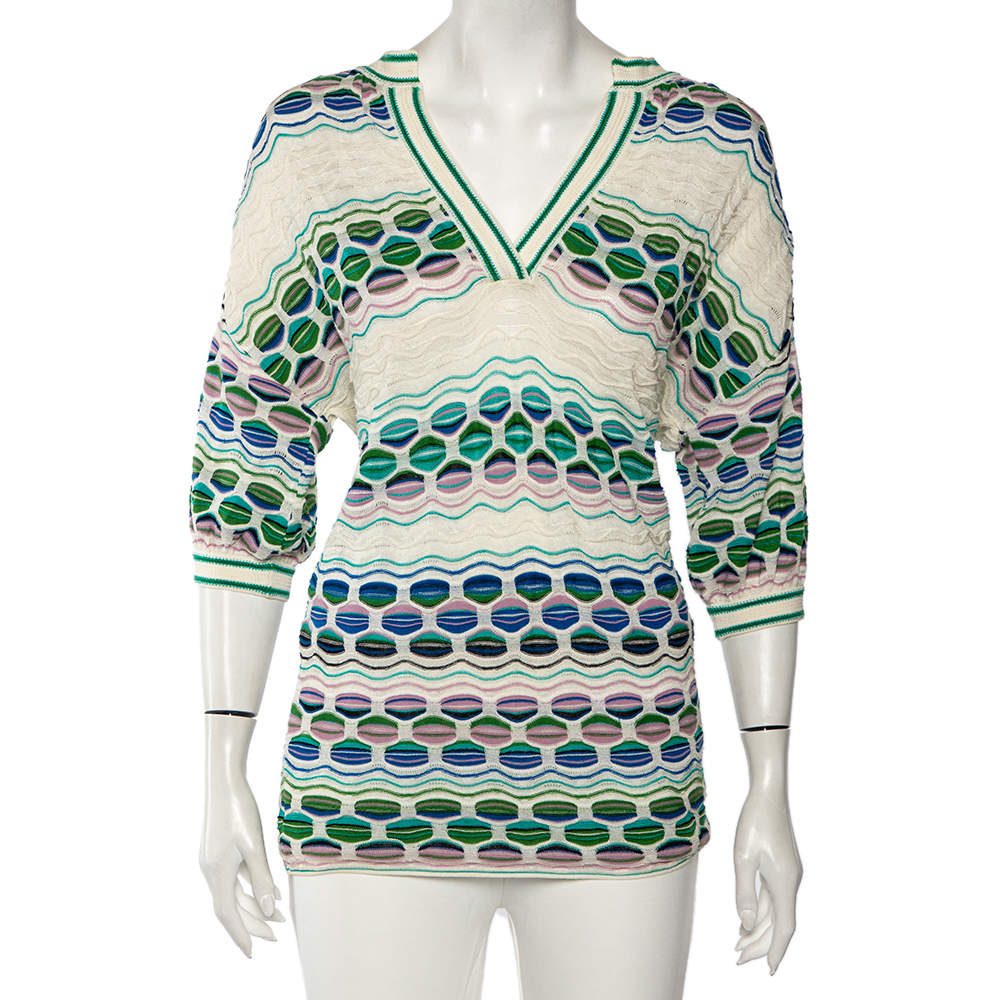مملوكة مسبقًا M Missoni Multicolored Perforated Knit Short Sleeve Top M 