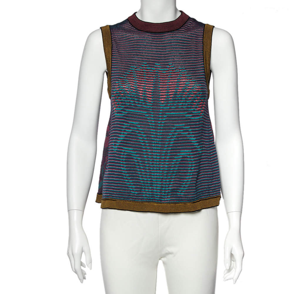 Pre Owned توب أم ميزوني بلا أكمام تريكو تجريدي وزهور متعدد الألوان مقاس متوسط