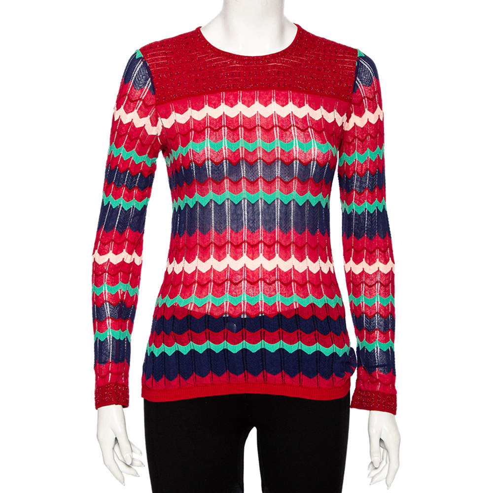 Pre Owned توب أم ميزوني كم طويل تفاصيل قصة لوركس تريكو أحمر مقاس متوسط