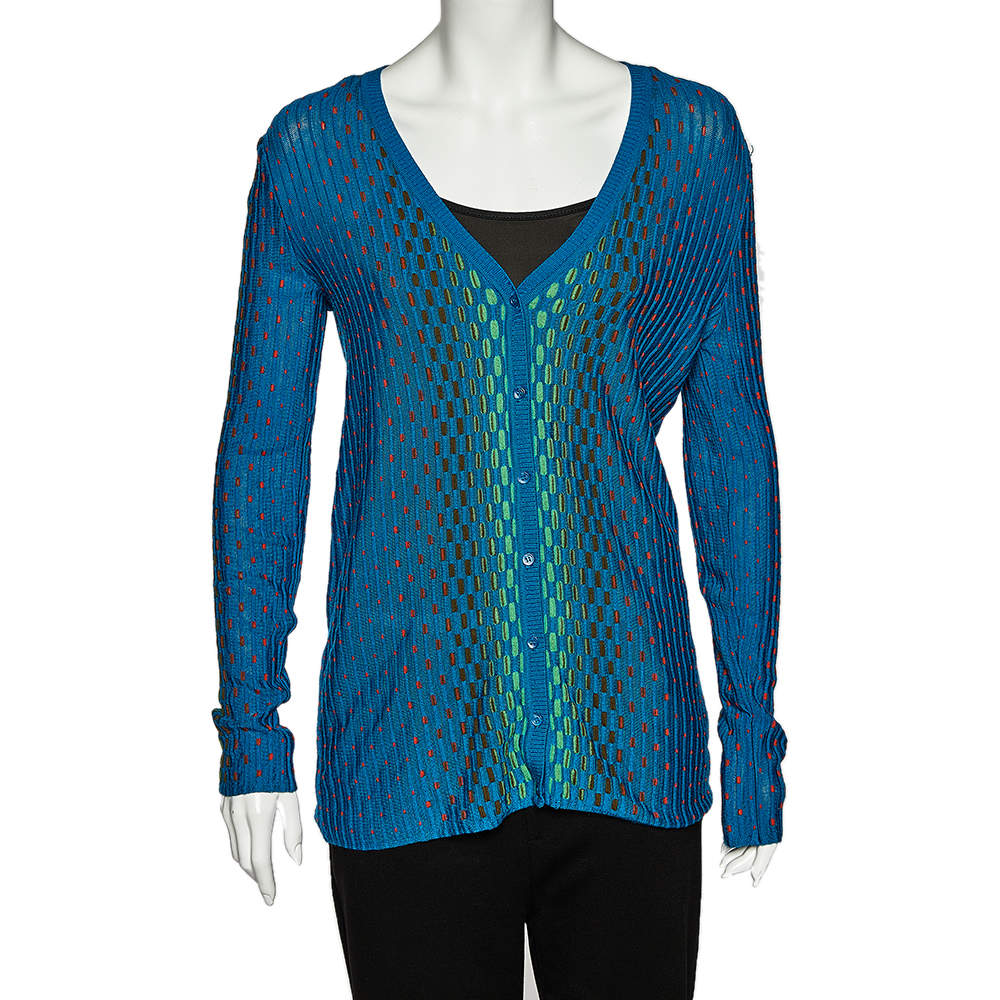 M Missoni Blue Patterned Dobby Knit Button Front Cardigan M