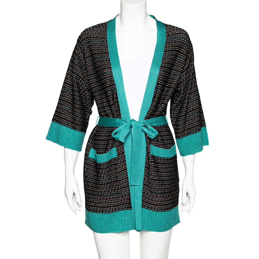 Pre Owned M Missoni Black Textured Knit Belted Cardigan M