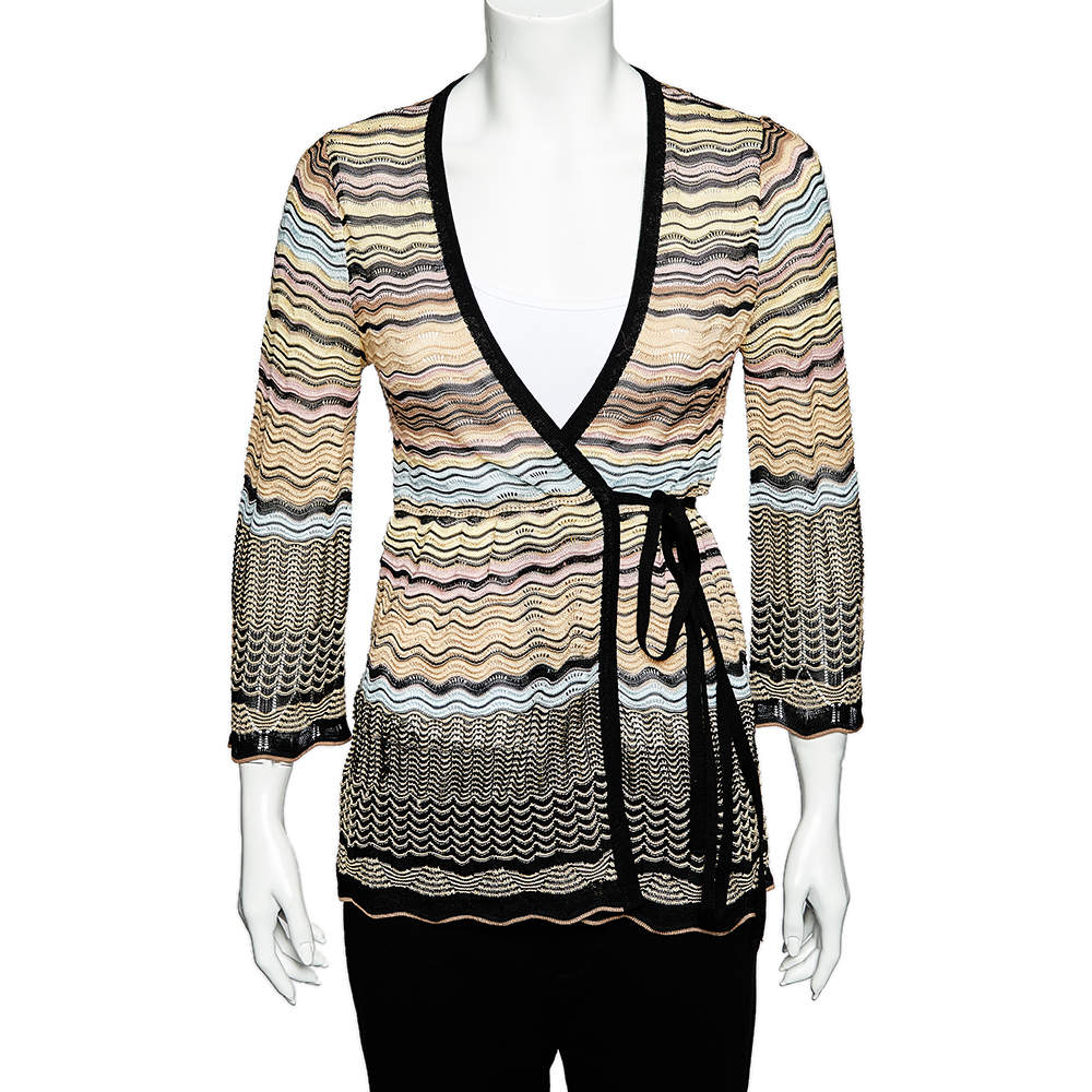 Pre Owned M Missoni Multicolor Wave Pattern Knit Wrap Cardigan M