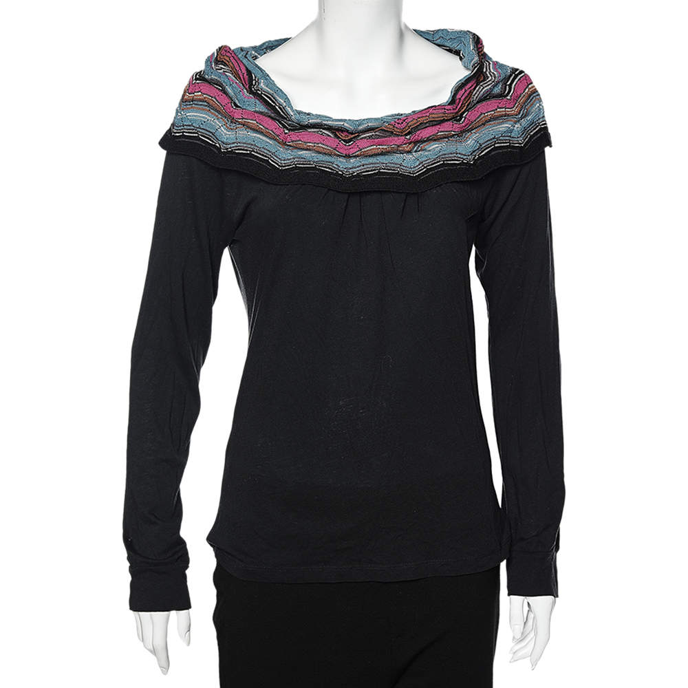 Pre Owned M Missoni Black Cotton Knit Contrast Overlay Detail T-Shirt S