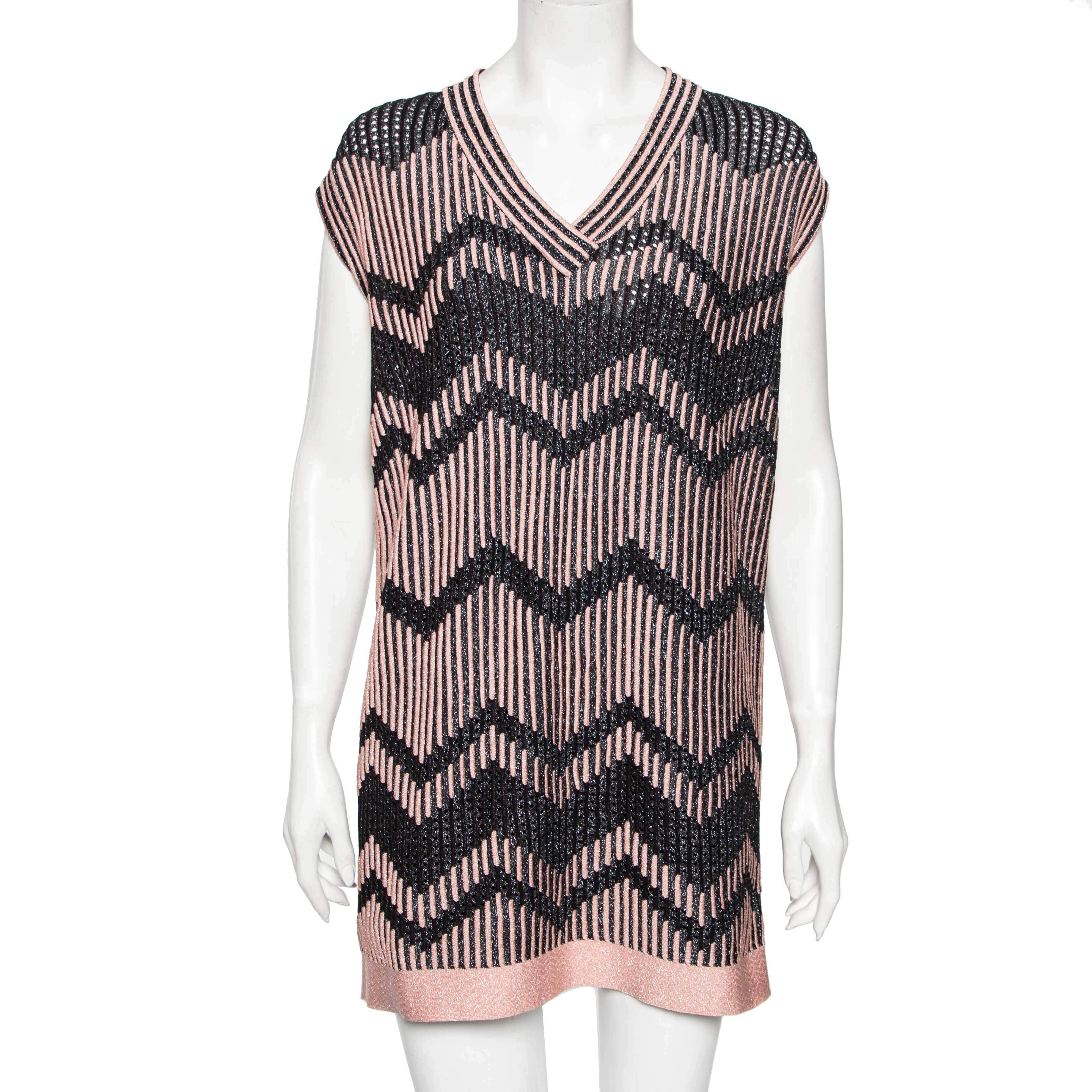 Pre Owned M Missoni Pink & Black Chevron Pattern Lurex Knit Mini Dress S