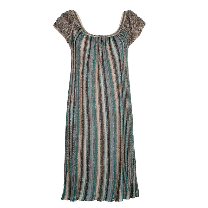 Pre Owned M Missoni Multicolor Lurex Knit Fringed Sleeve Dress S