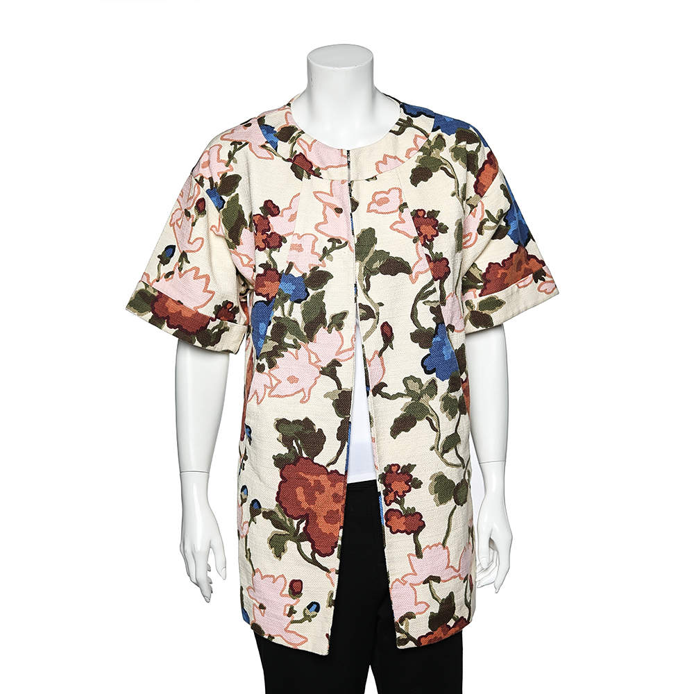 Pre Owned M Missoni Cream Watercolor Floral Printed Canvas Hook Front Long Jacket M