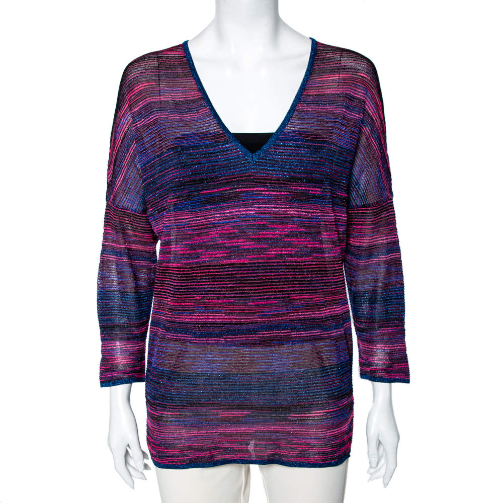 Pre Owned M Missoni Multicolored Lurex Knit V-Neck Top M