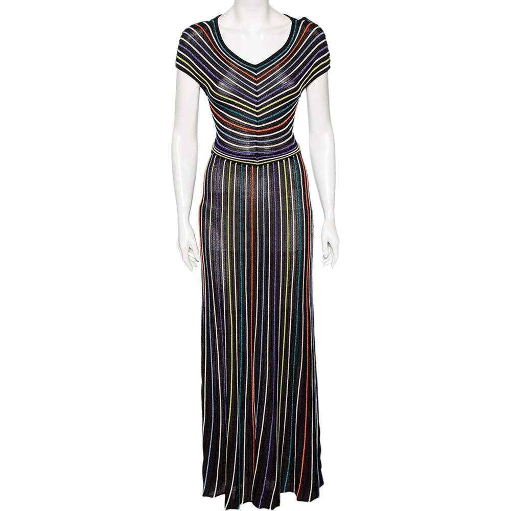 Pre Owned M Missoni Black & Multicolored Striped Lurex Knit Maxi Dress M
