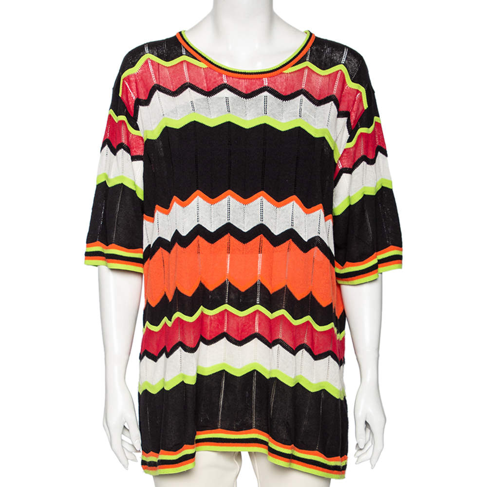 Pre Owned M Missoni Multicolored Zig Zag Perforated Knit Top L