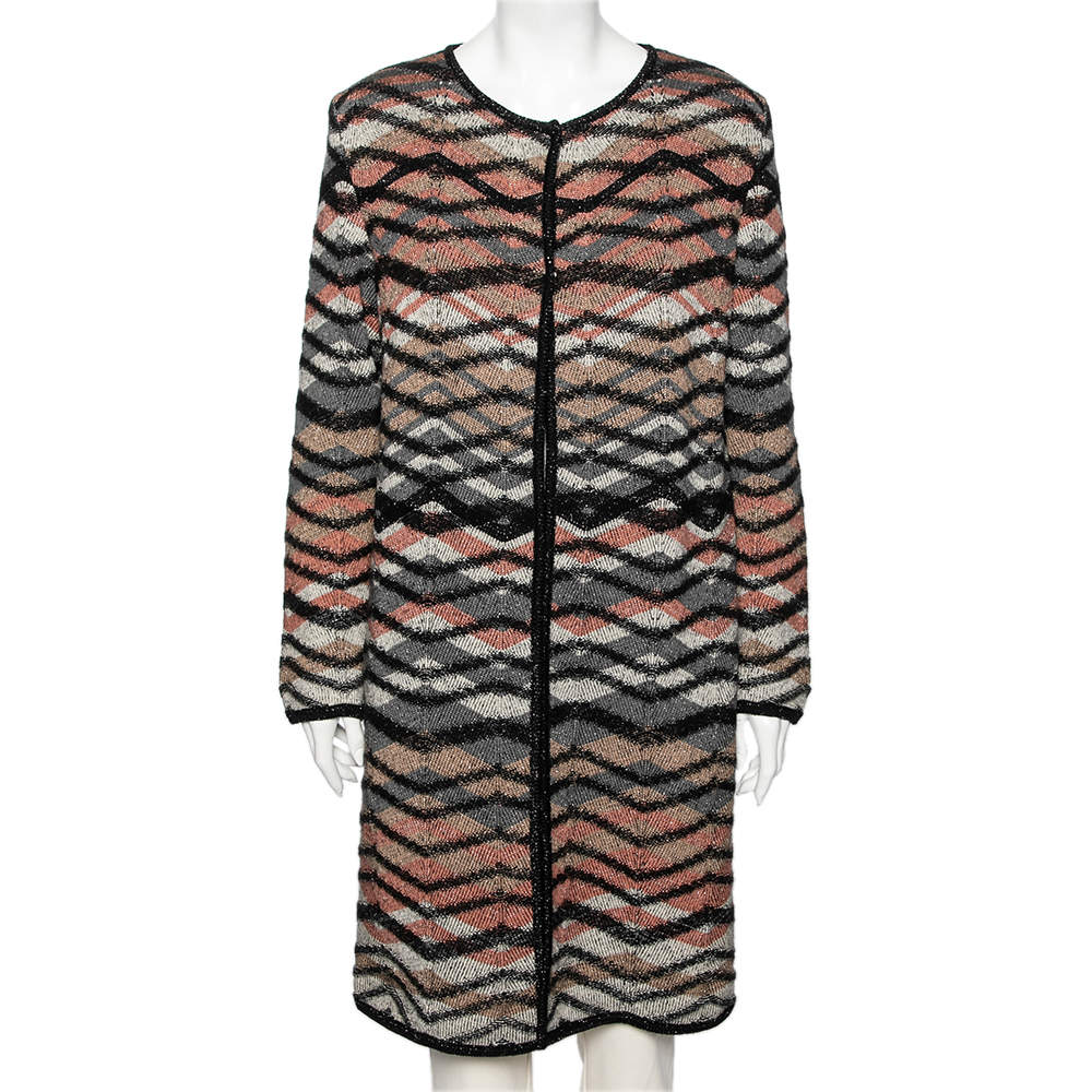 Pre Owned M Missoni Multcolored Patterned Merino Wool & Lurex Knit Long Cardigan M
