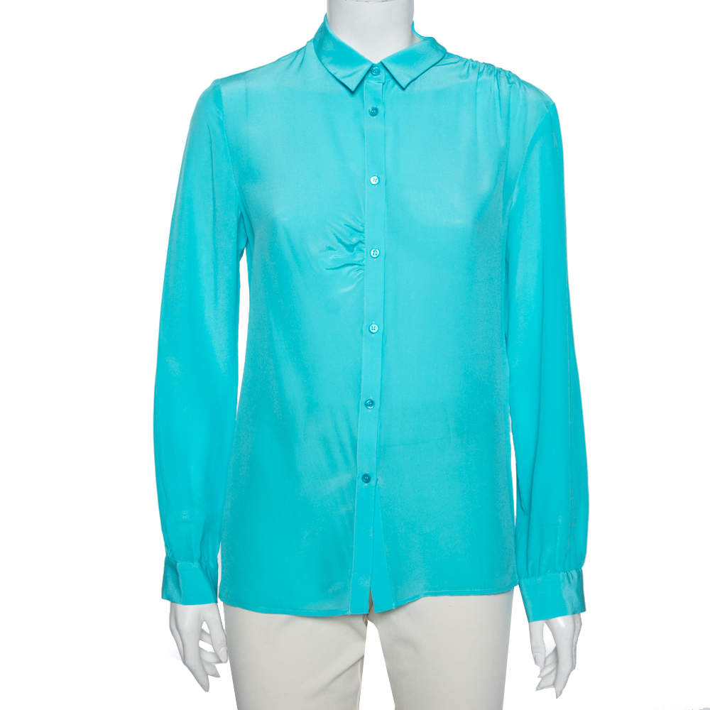 Pre Owned M Missoni Blue Silk Gathered Detail Button Front Shirt M