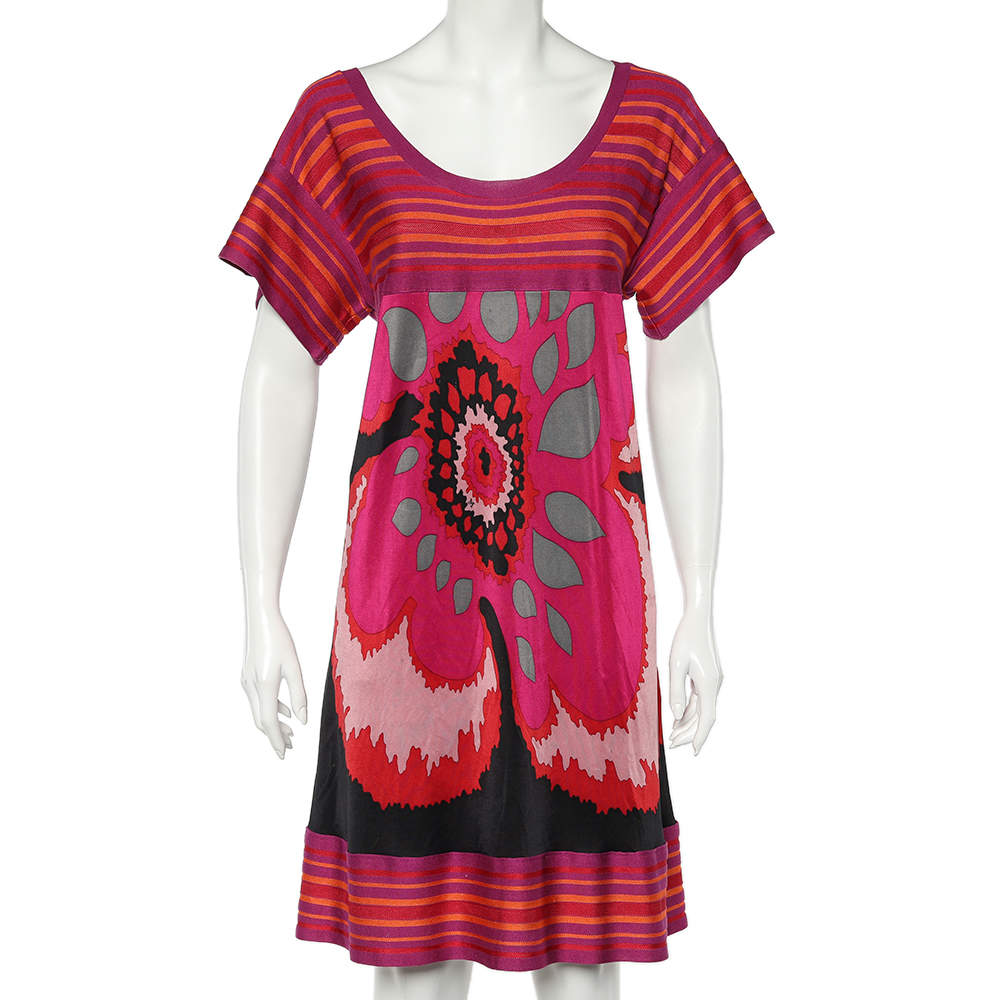 Pre Owned M Missoni Pink Floral Printed jersey & Striped Knit Dress L