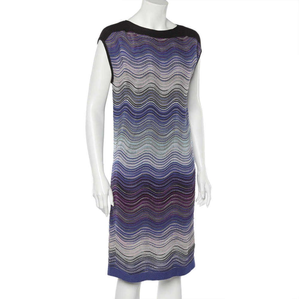 Pre Owned M Missoni Blue Wave Pattern Lurex Knit Shift Dress L