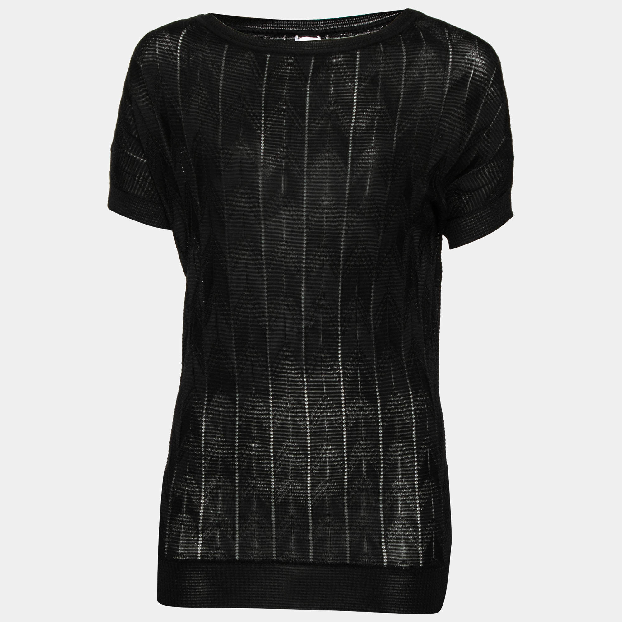 Pre Owned توب إم ميزوني تريكو أسود منقوش بأكمام قصيرة برقبة مستديرة مقاس صغير - سمول