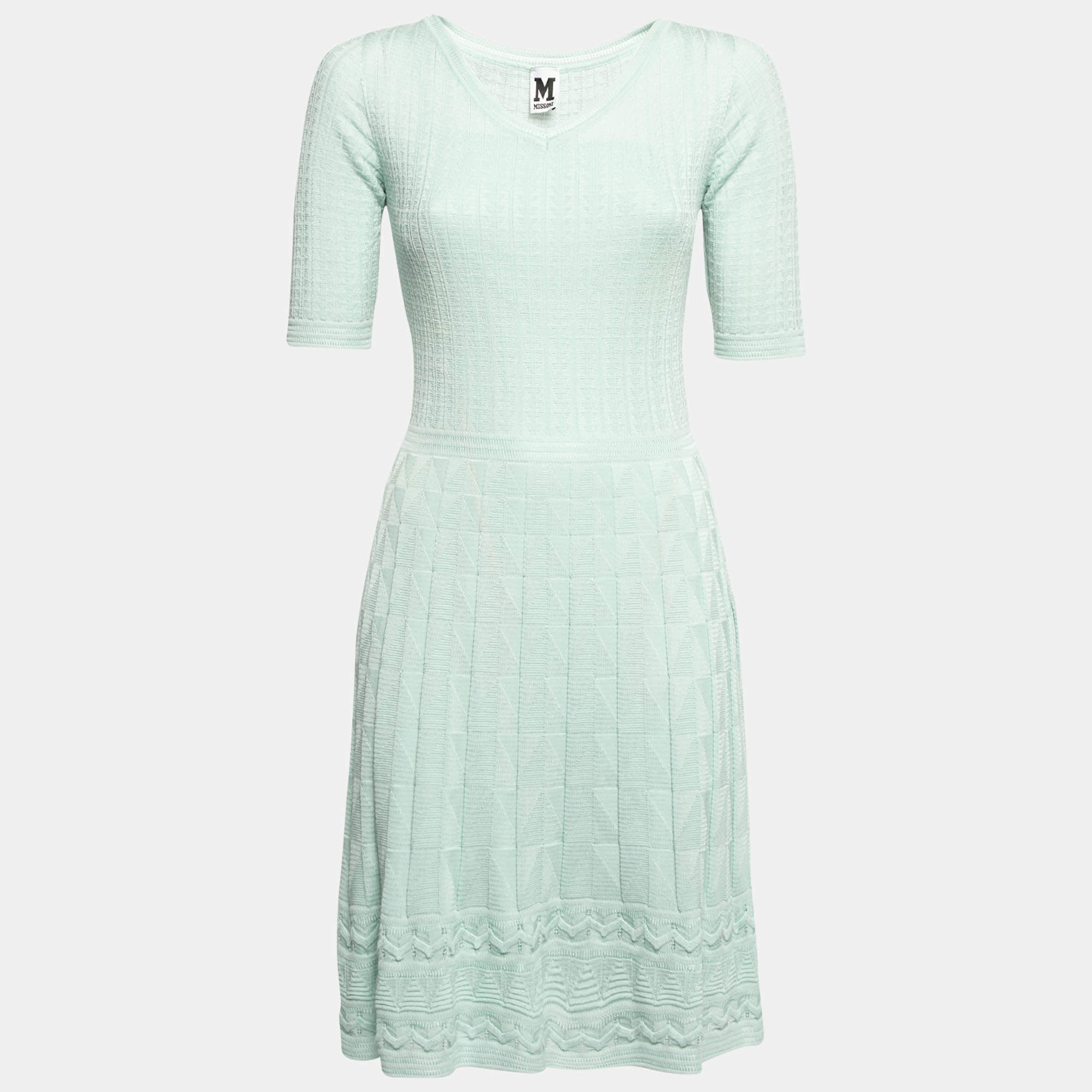 Pre Owned M Missoni Light Green Patterned Knit V-Neck Flared Dress M