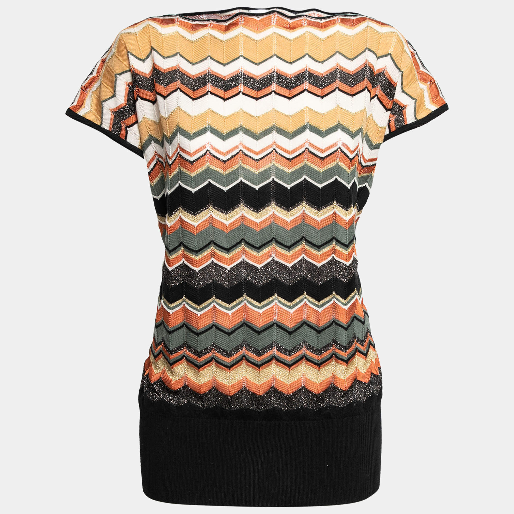 Pre Owned M Missoni Multicolor Patterned Lurex Knit Short Sleeve Top L