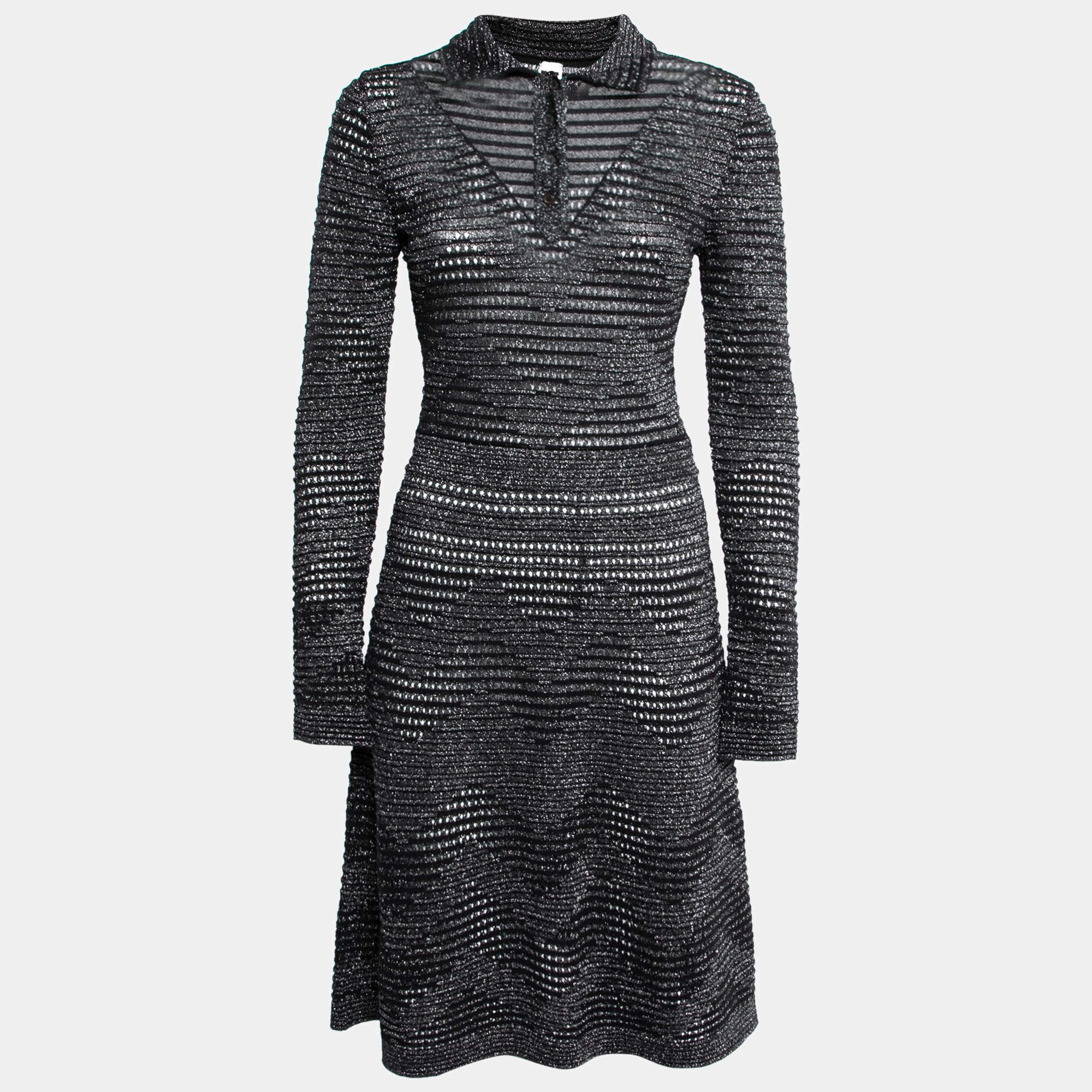 Pre Owned M Missoni Black Lurex Patterned Pointelle Knit Long Sleeve Dress M