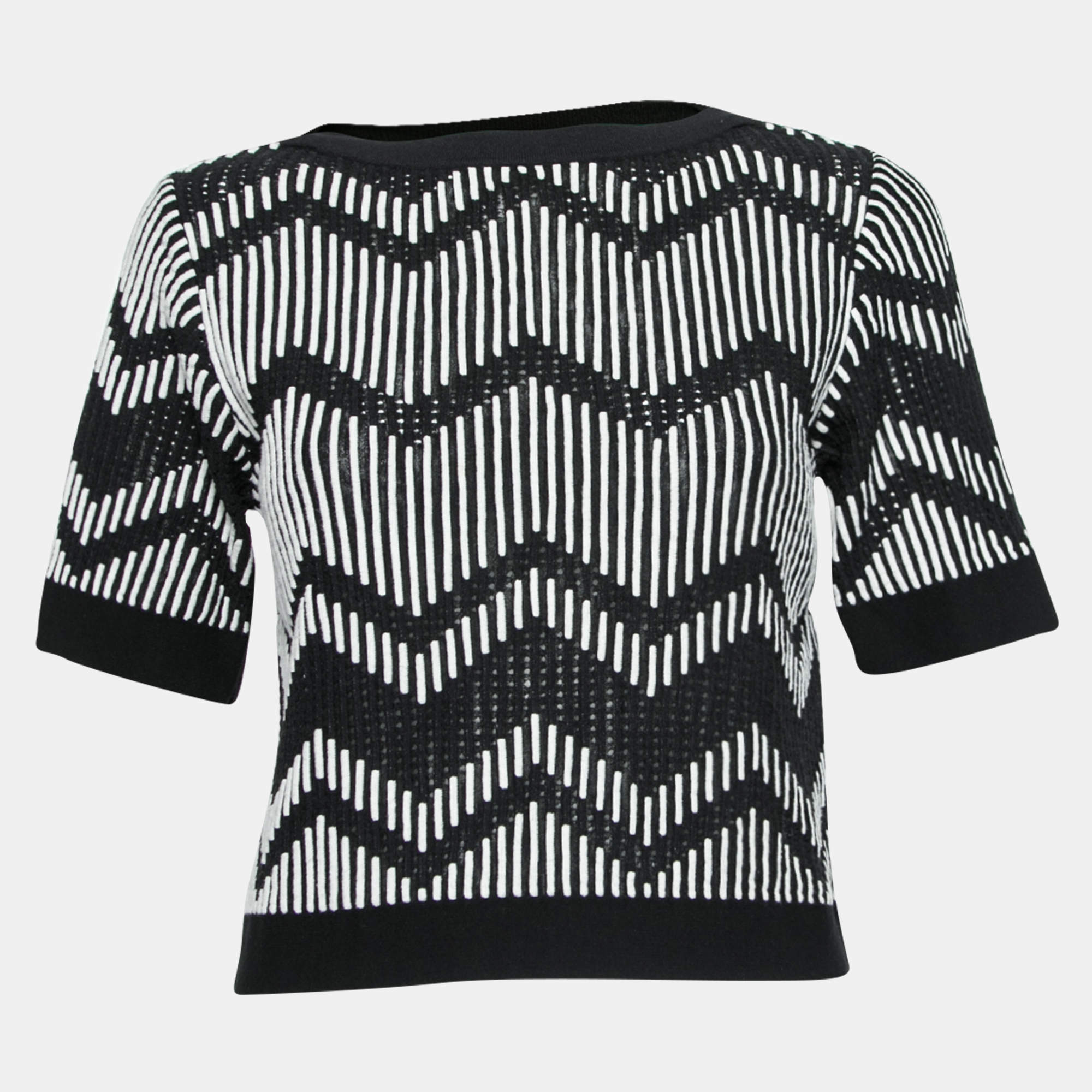 Pre Owned M Missoni Monochrome Patterned Knit Short Sleeve Top XS