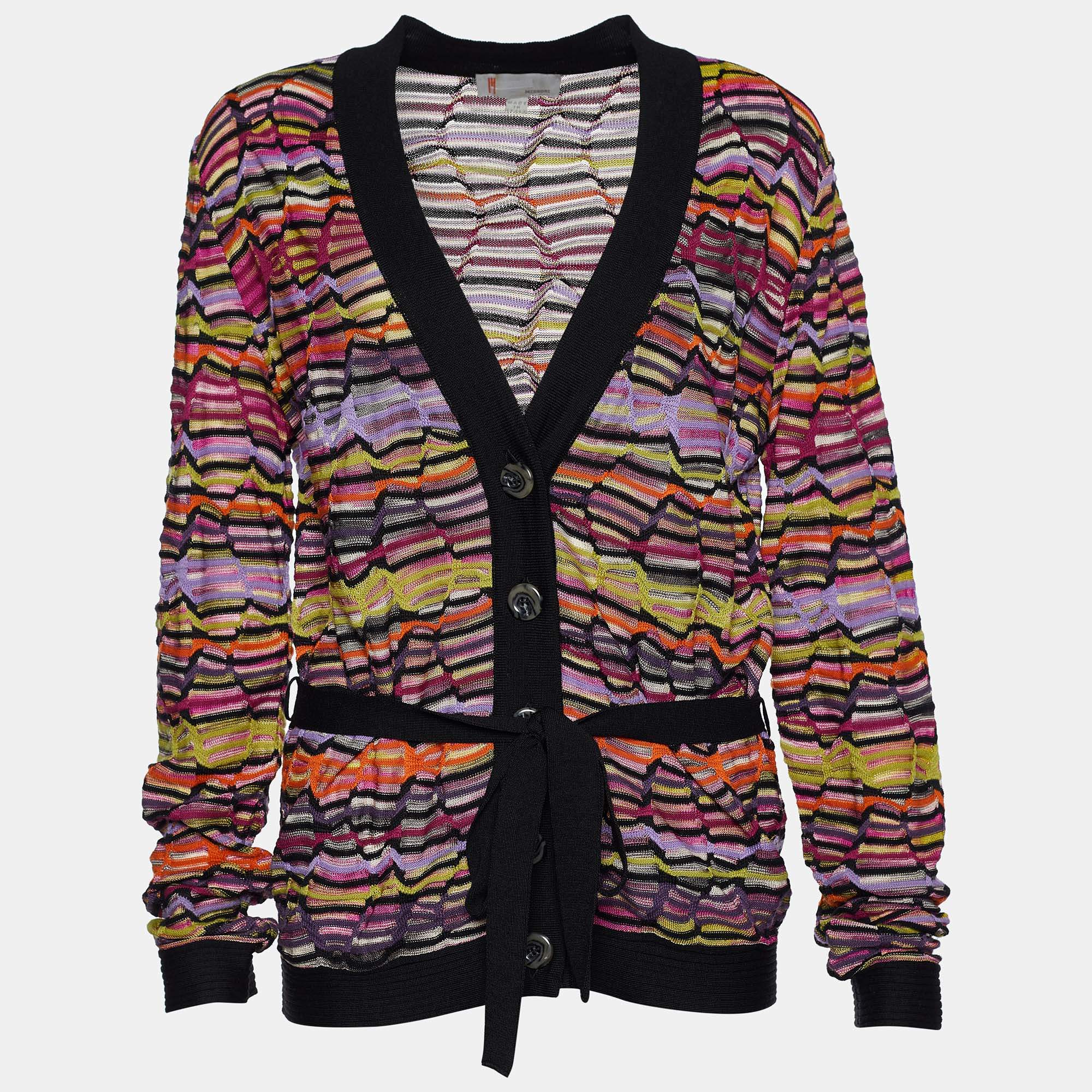 Pre Owned M Missoni Multicolor Knit Belted Cardigan L
