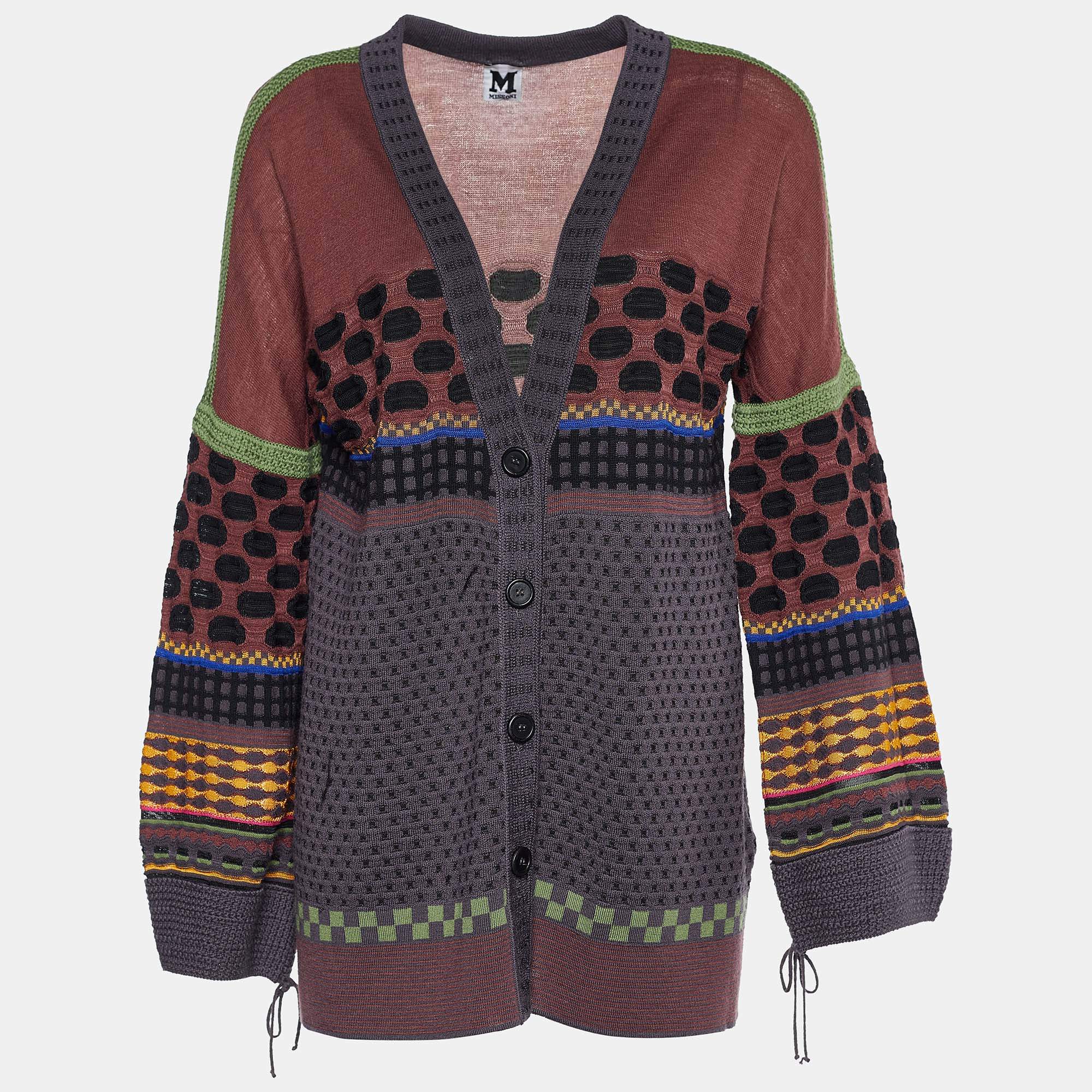 Pre Owned M Missoni Multicolor Wool Blend Button Front Cardigan L