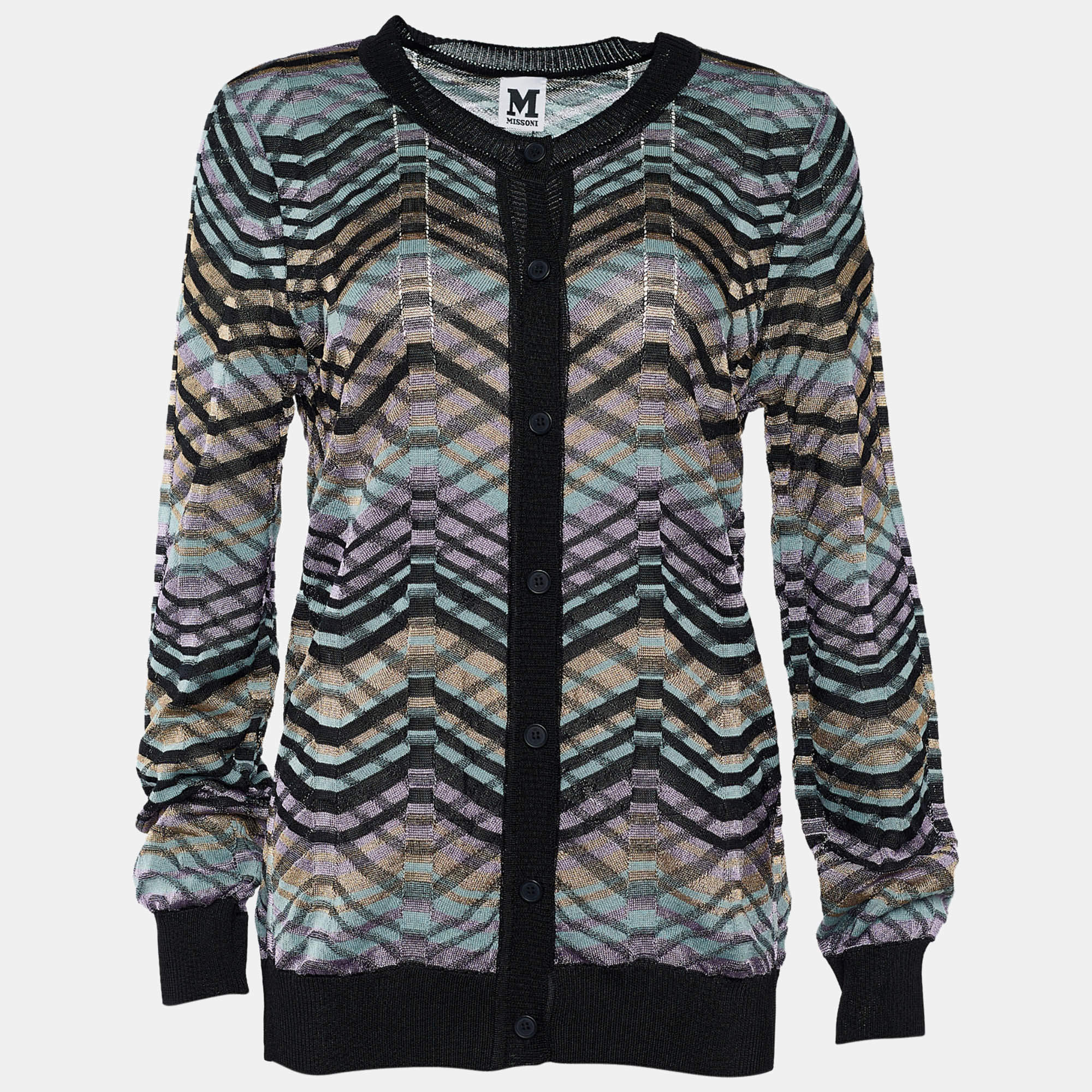 Pre Owned M Missoni Multicolor Patterned Knit Button Front Cardigan L