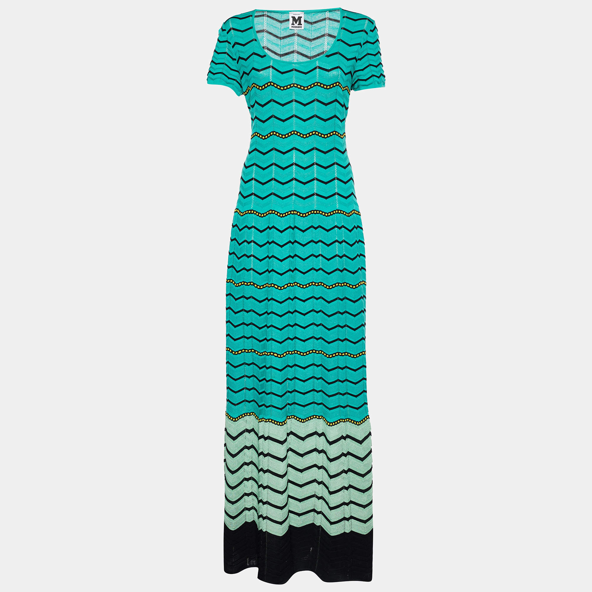 Pre Owned M Missoni Green Chevron Pattern Perforated Knit Maxi Dress L