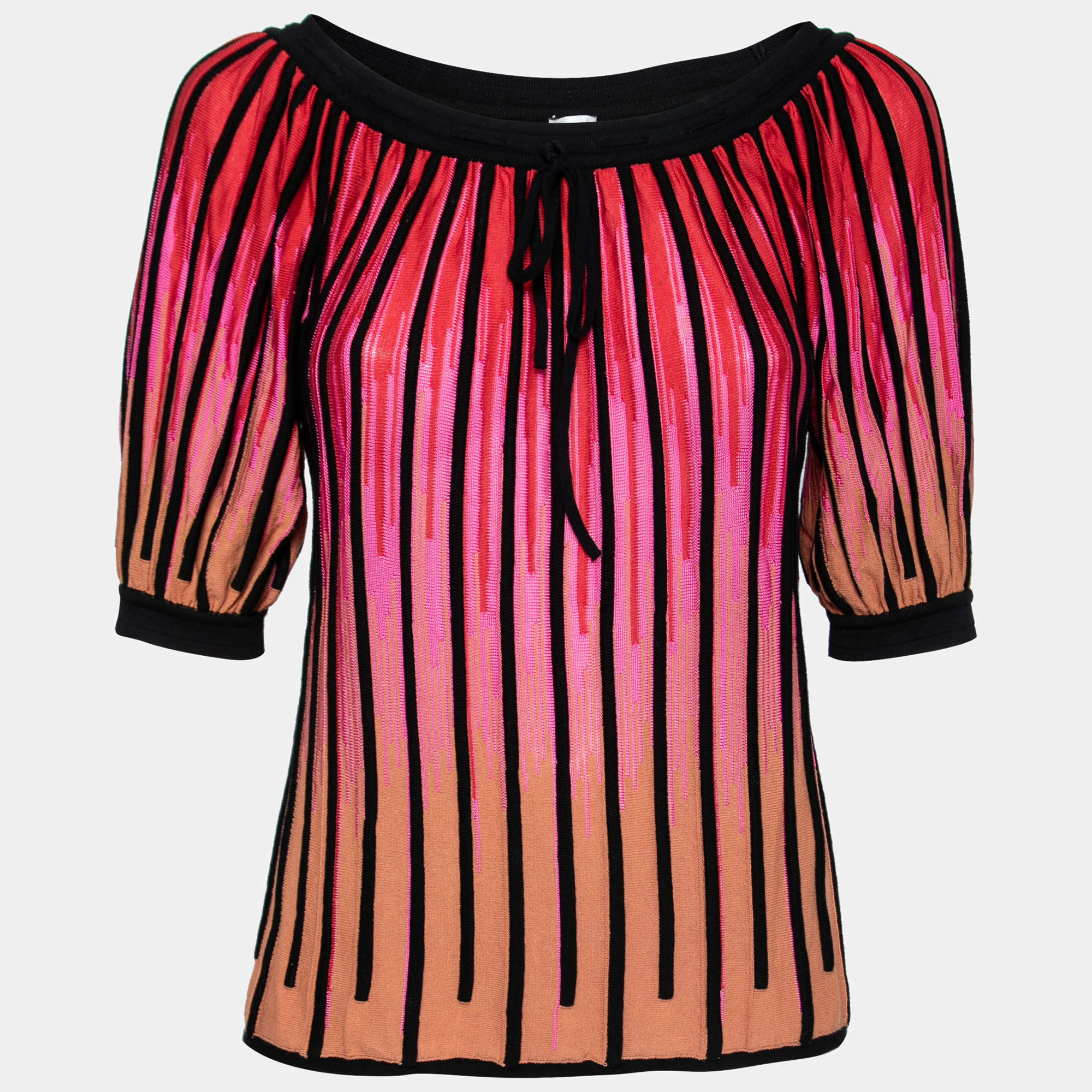 مملوكة مسبقًا M Missoni Pink Striped Cotton Knit Neck Tie Detail Top S