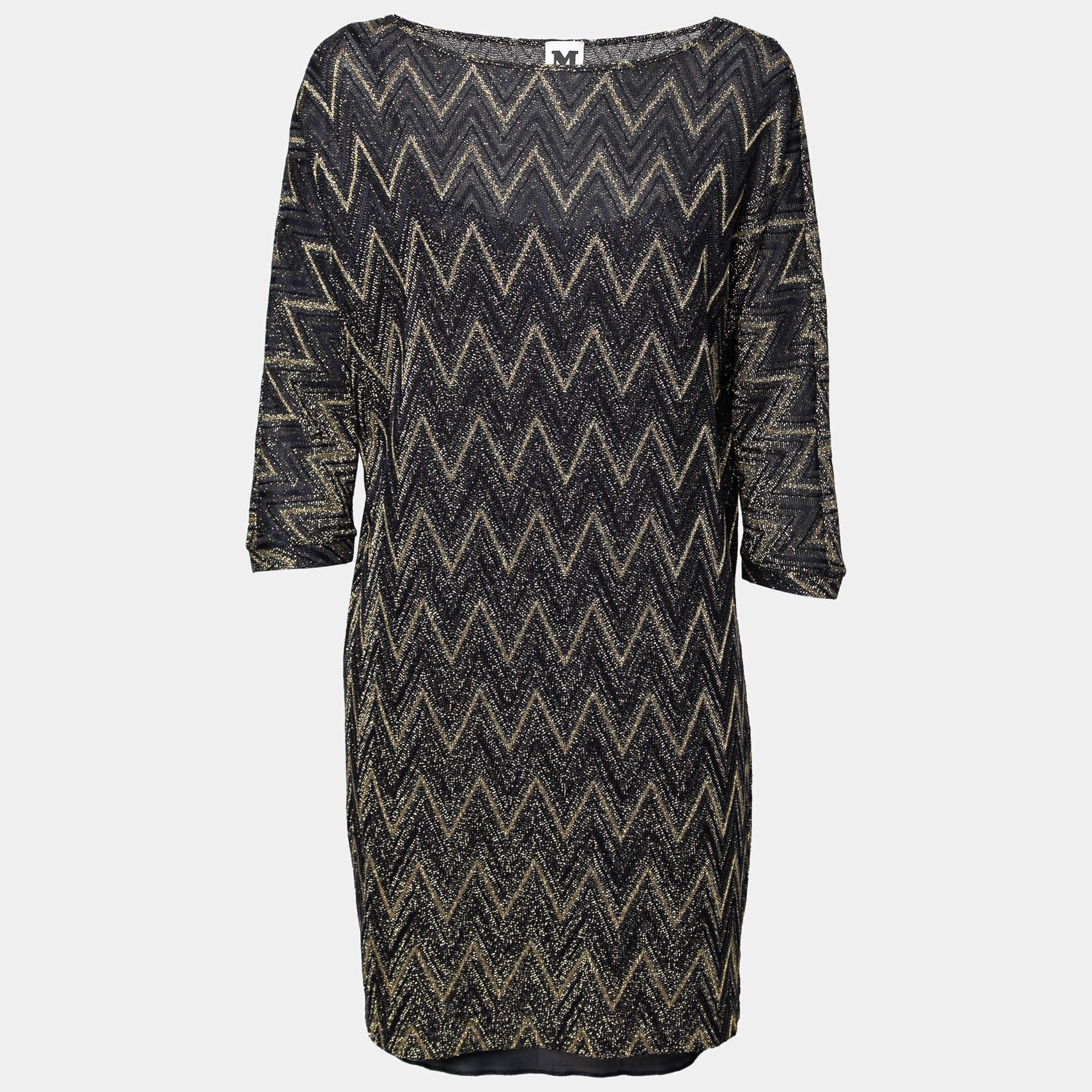 Pre Owned M Missoni Navy Blue & Gold Chevron Pattern Lurex Knit Dress S