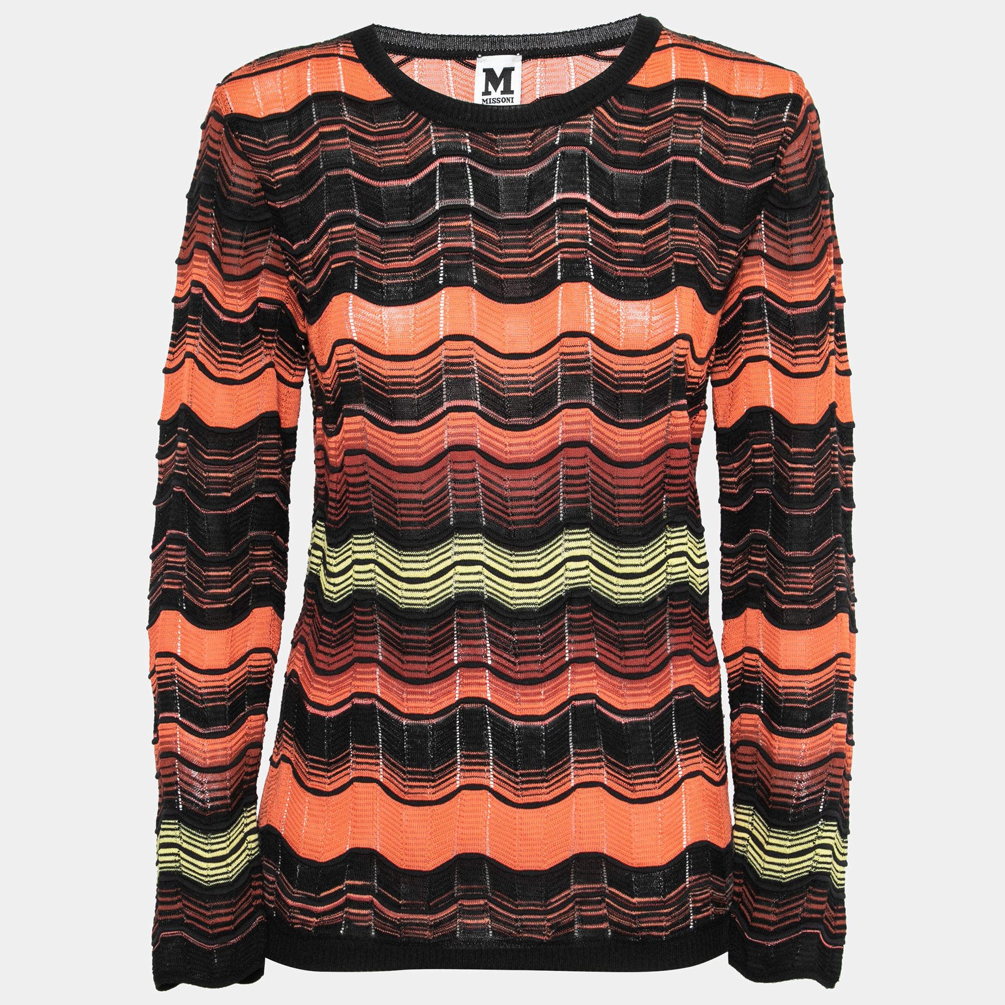 Pre Owned M Missoni Orange Patterned Knit Round Neck Long Sleeve Top L