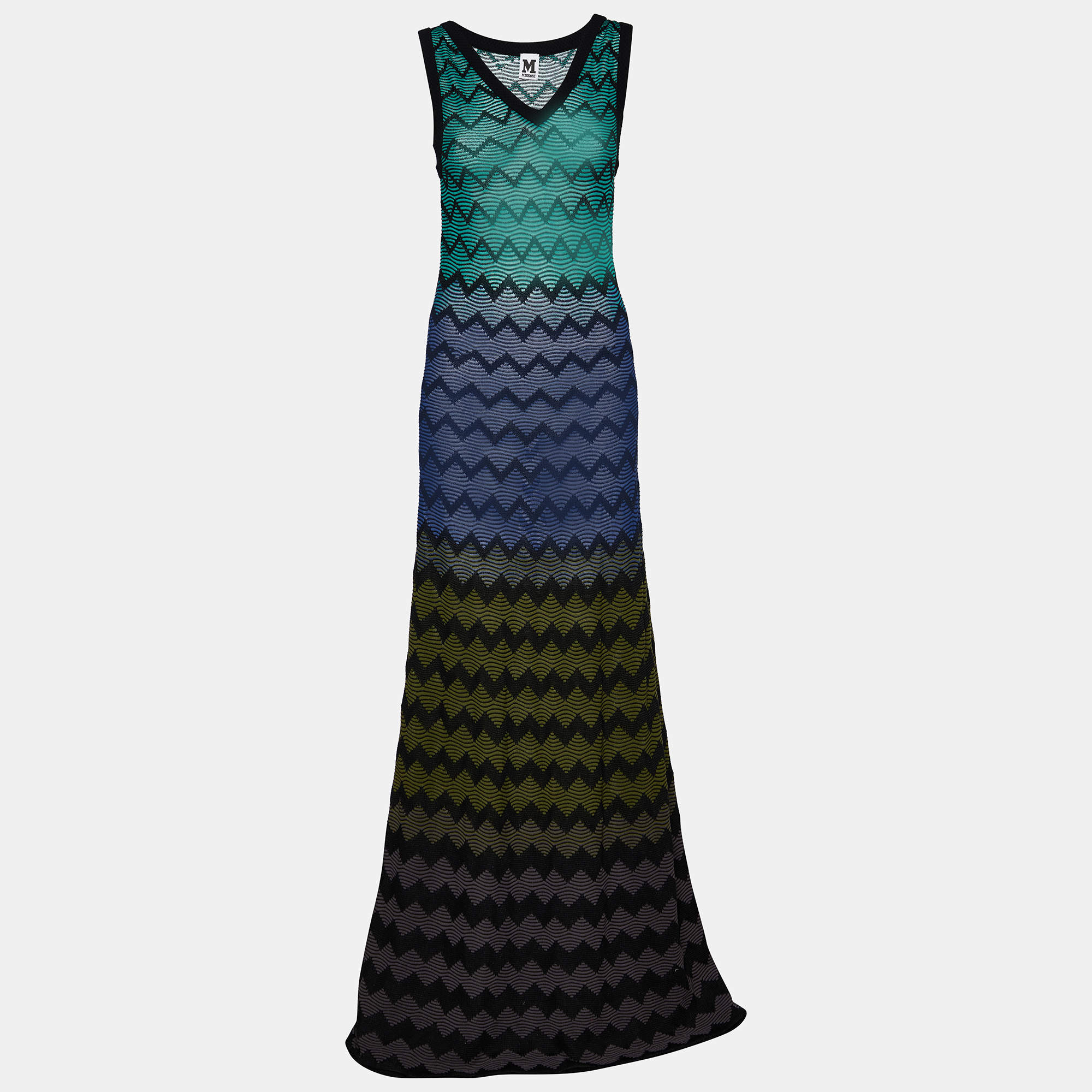 Pre Owned M Missoni Black Zig Zag Knit Sleeveless Maxi Dress L