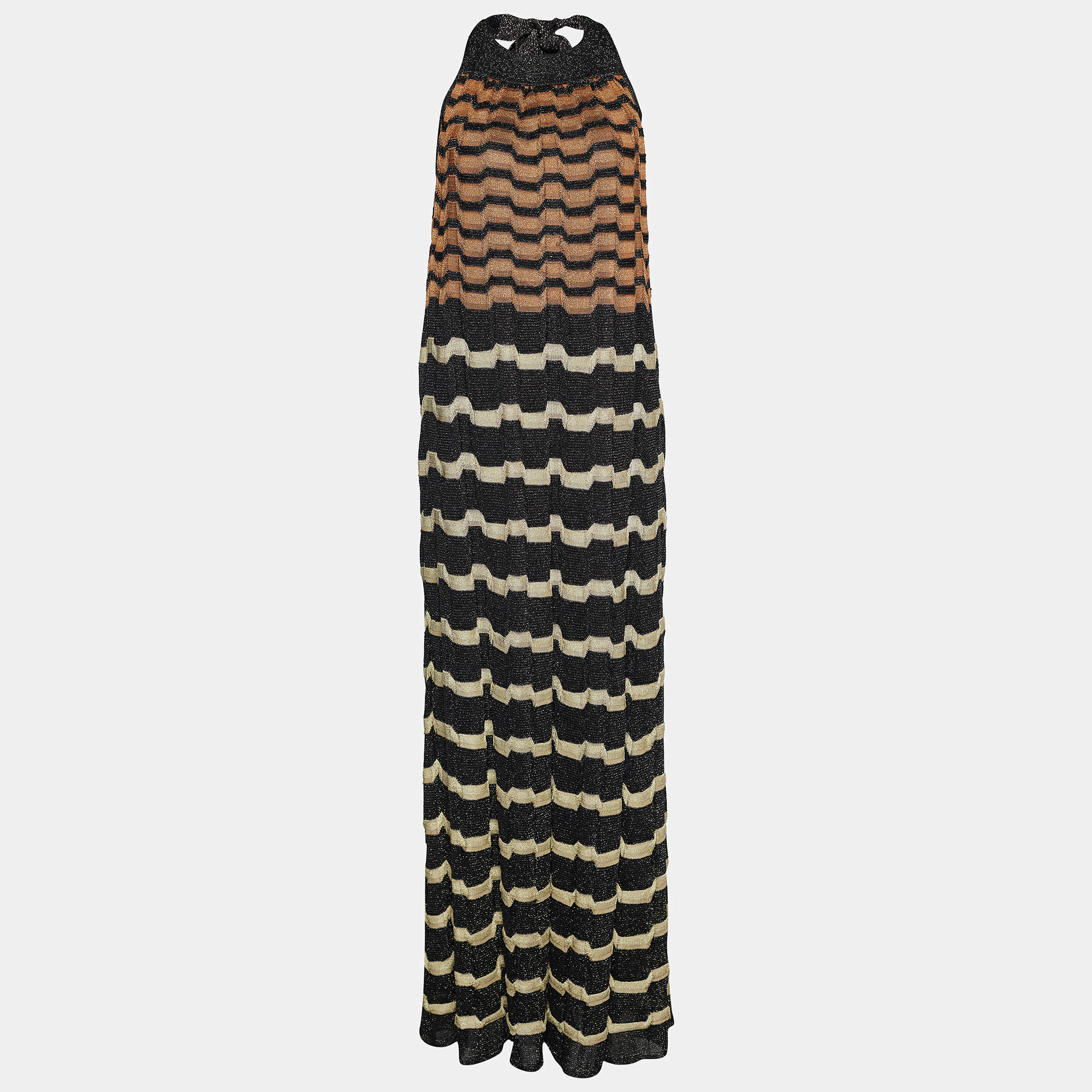 Pre Owned M Missoni Multicolor Patterned Lurex Knit Halter Tie Neck Maxi Dress M