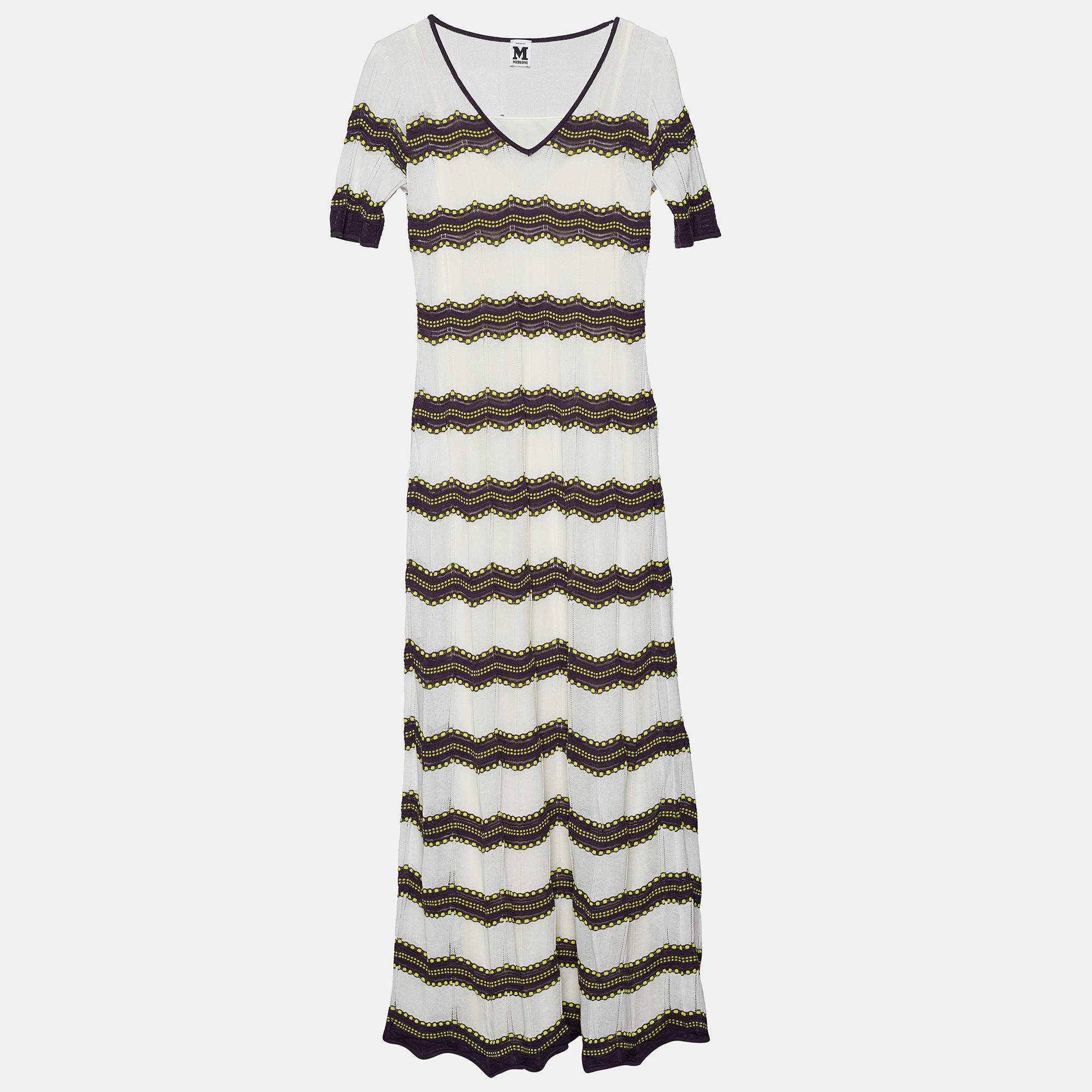 Pre Owned M Missoni White Cotton Knit Contrast Detail Maxi Dress S