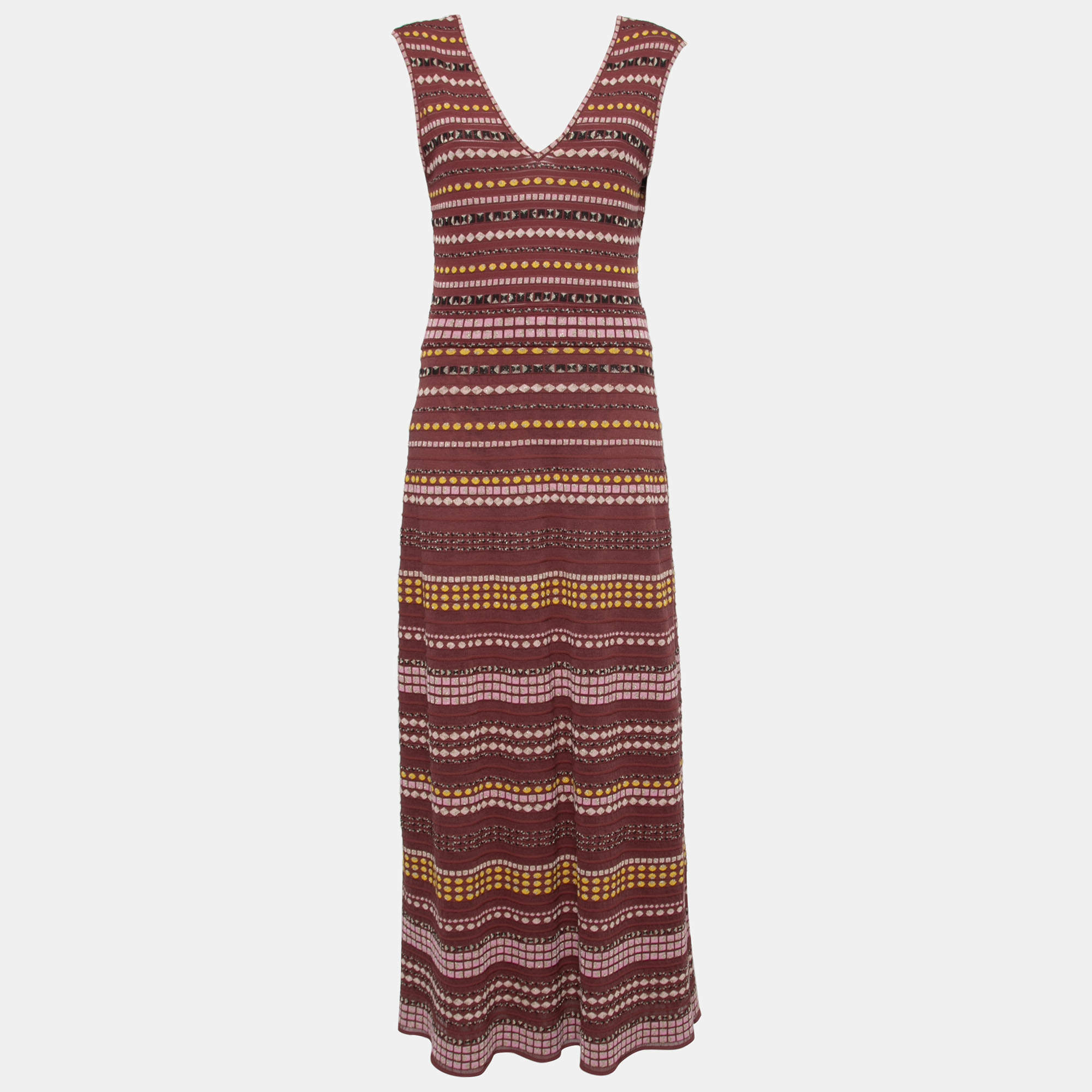 Pre Owned M Missoni Burgundy Patterned Lurex Knit Sleeveless Maxi Dress L