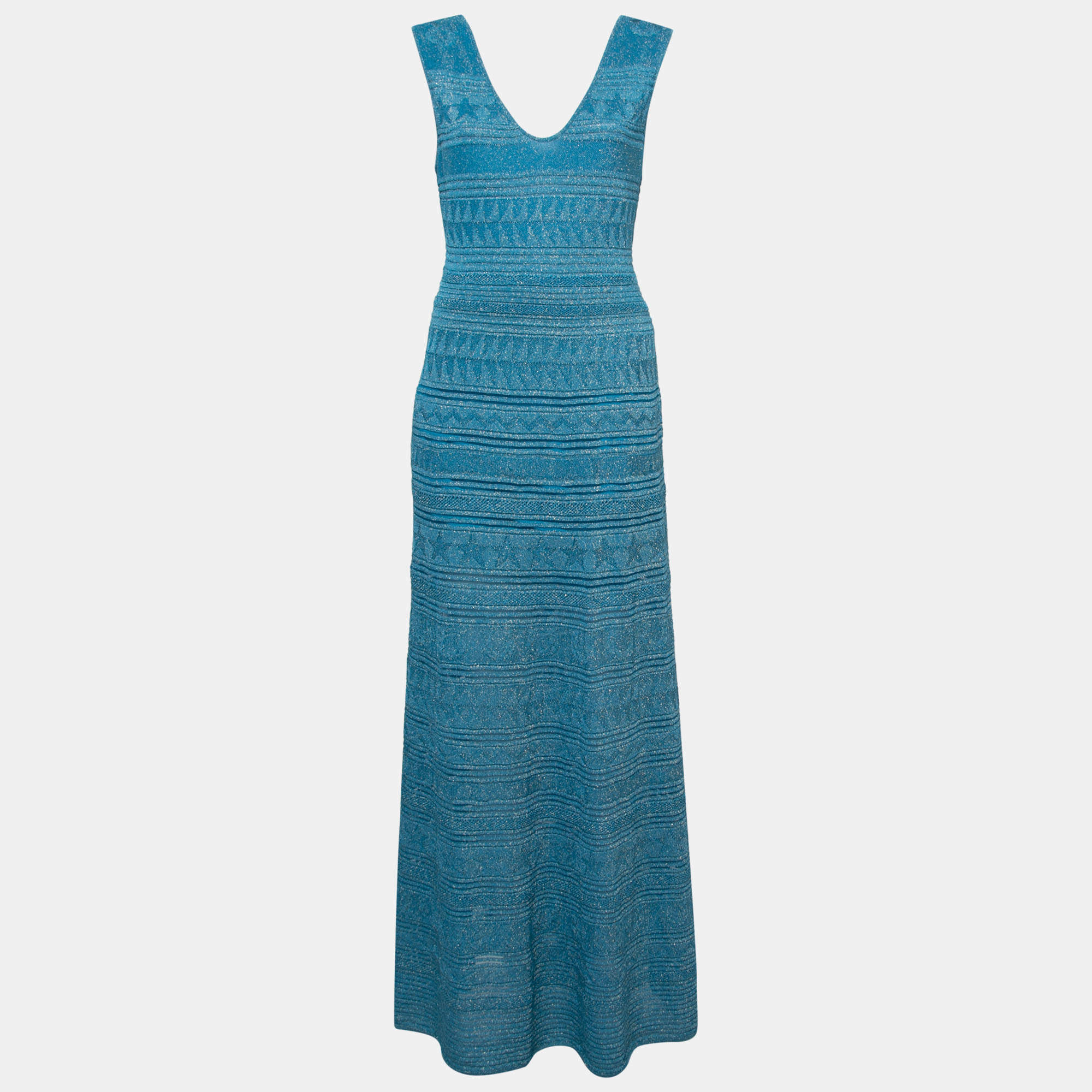Pre Owned M Missoni Blue Patterned Lurex Knit Sleeveless Maxi Dress L