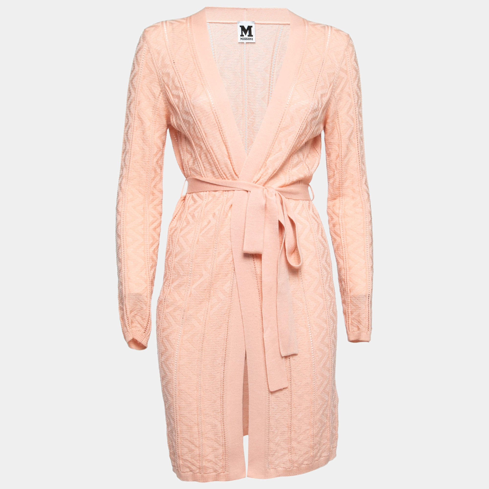 Pre Owned M Missoni Pink Patterned Knit Belted Open Shrug S