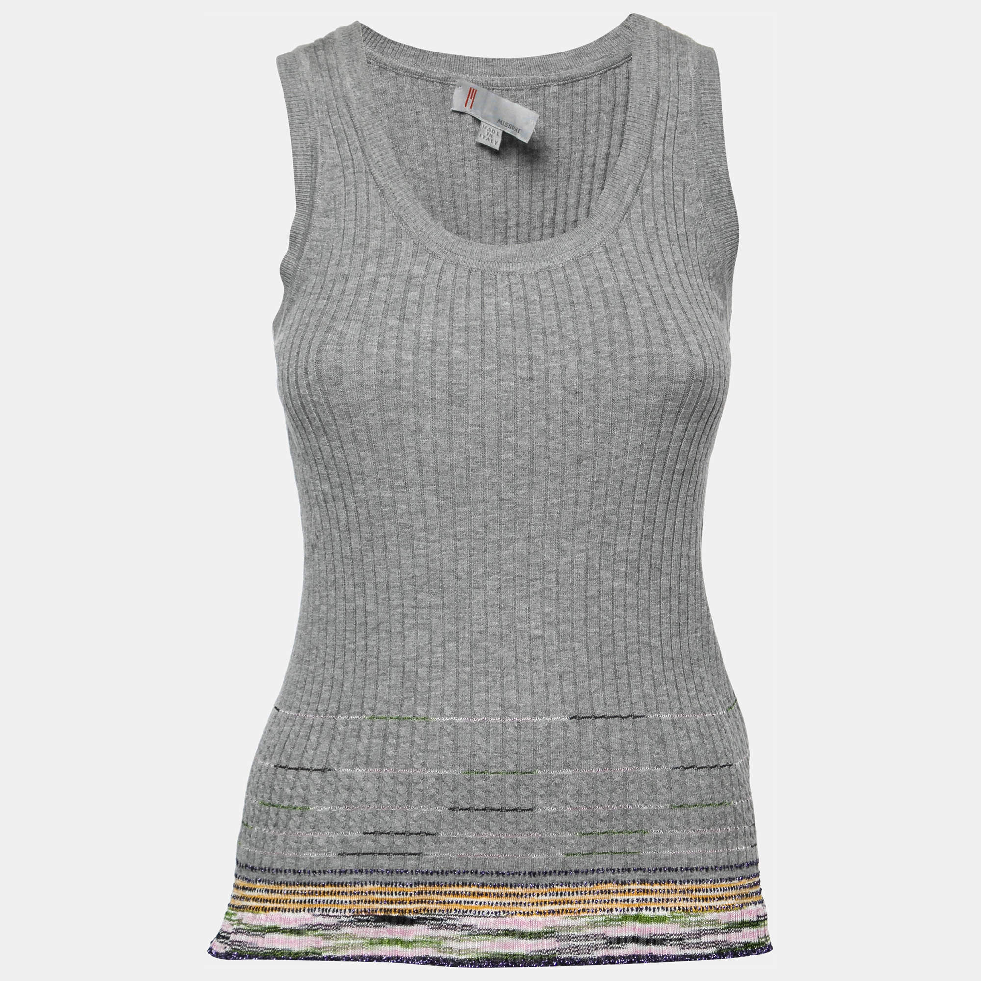 Pre Owned M Missoni Vintage Grey Metallic Striped Ribbed Knit Top L