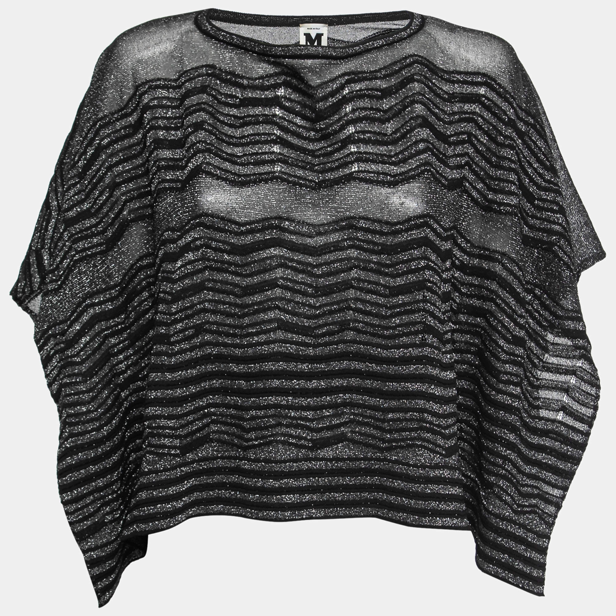 Pre Owned M Missoni Black Patterned Lurex Knit Poncho Top One Size