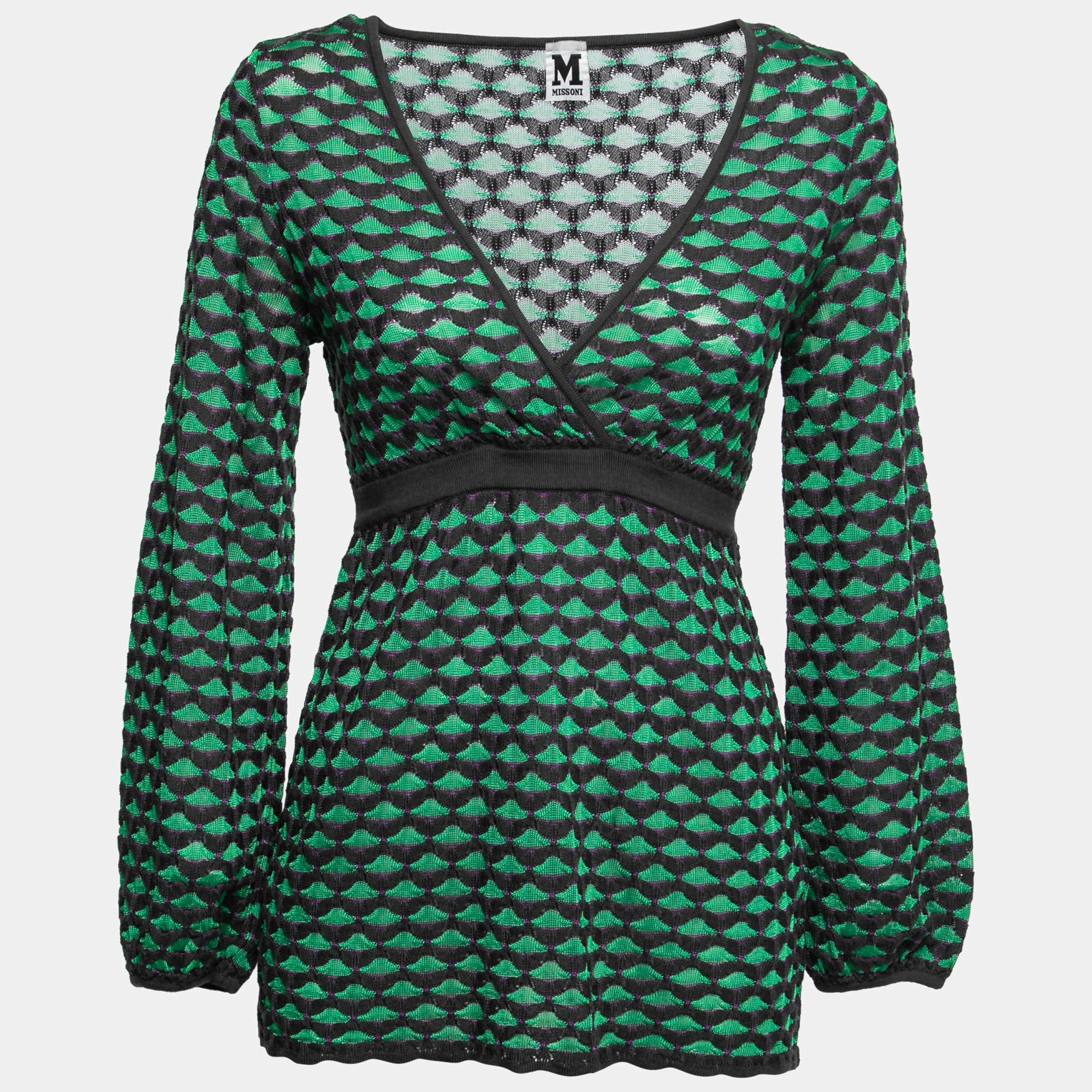 Pre Owned M Missoni Green Patterned Knit V-Neck Top M