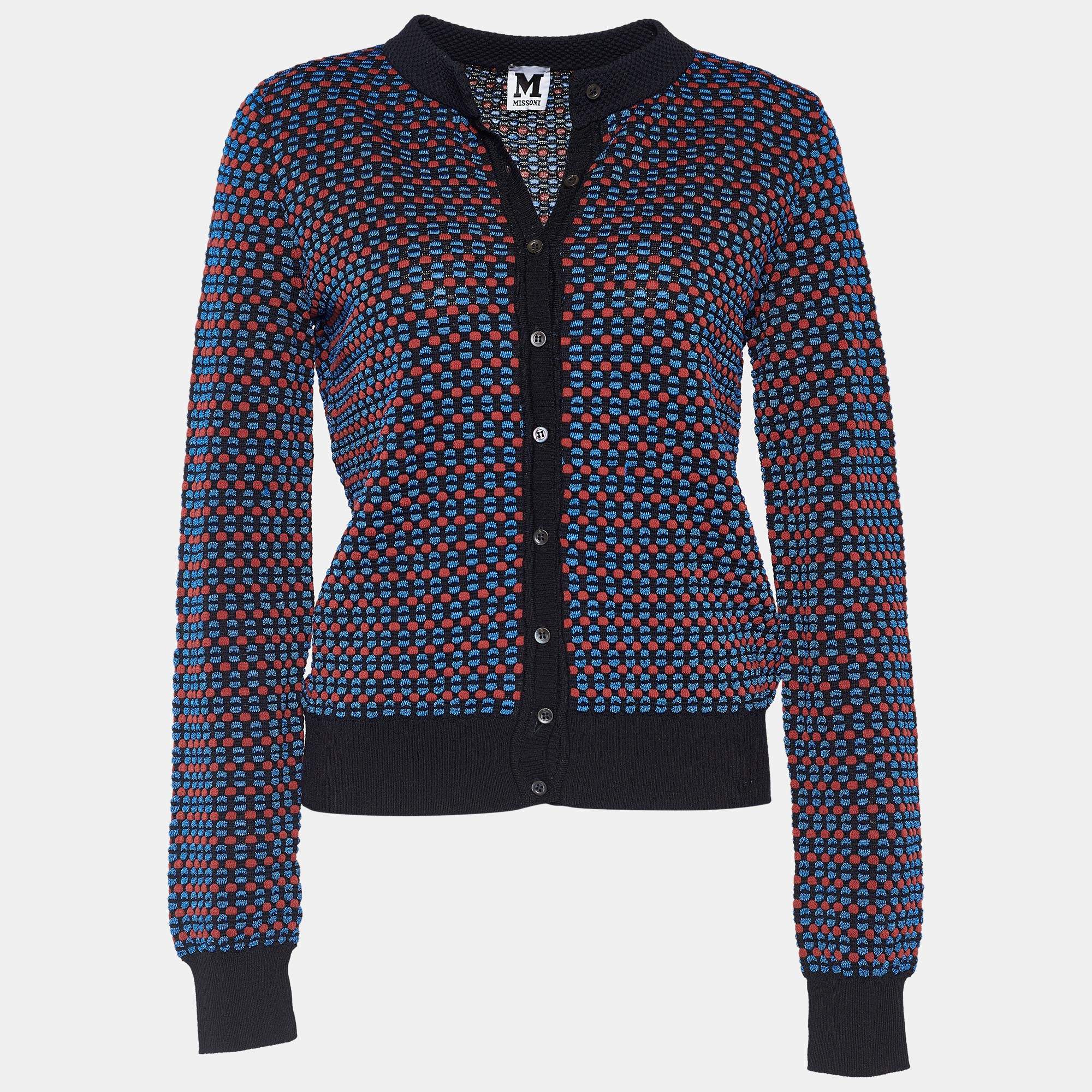 Pre Owned M Missoni Black & Blue Knit Button Front Cardigan M