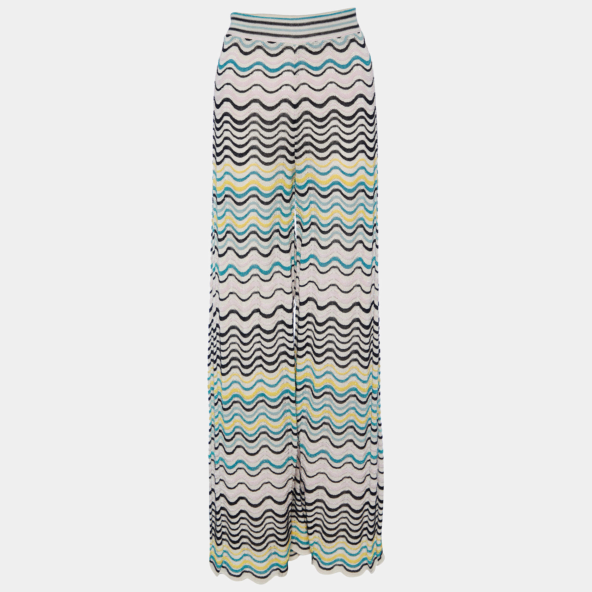 Pre Owned M Missoni Multicolor Wave Pattern Knit Wide Leg Pants L