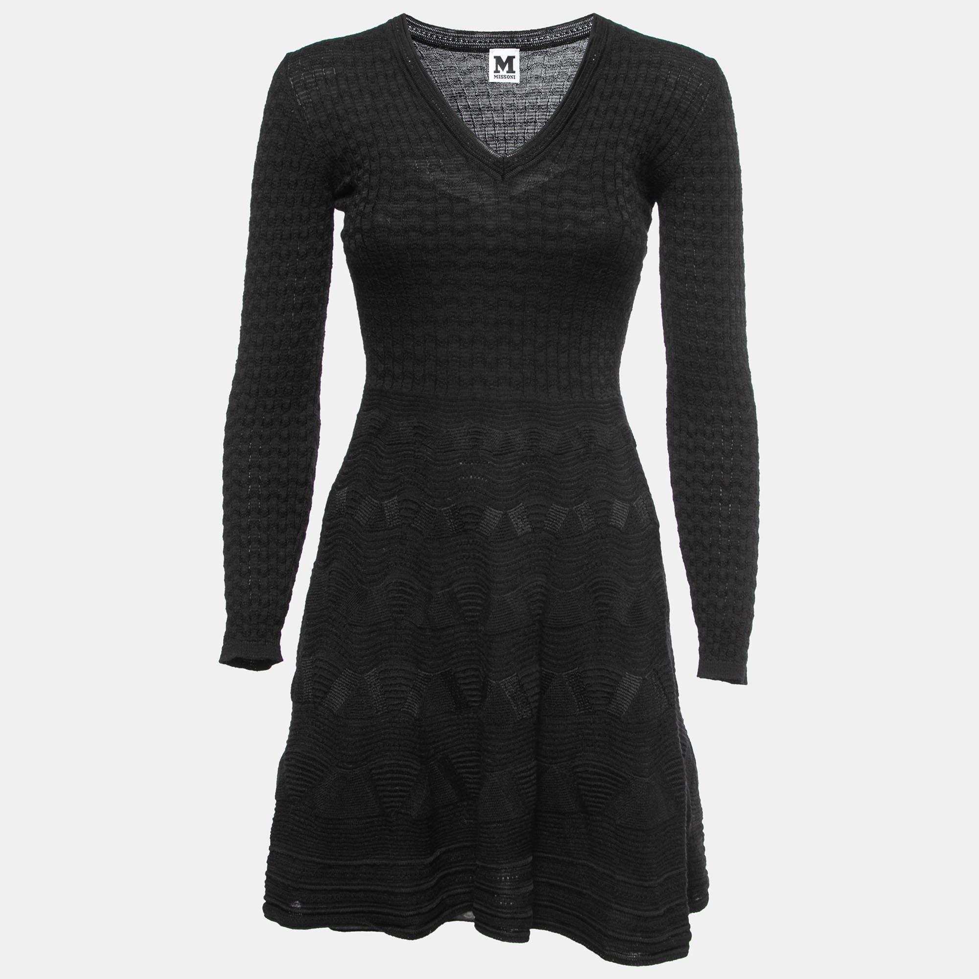 M Missoni Black Textured Knit V-Neck Flared Dress S