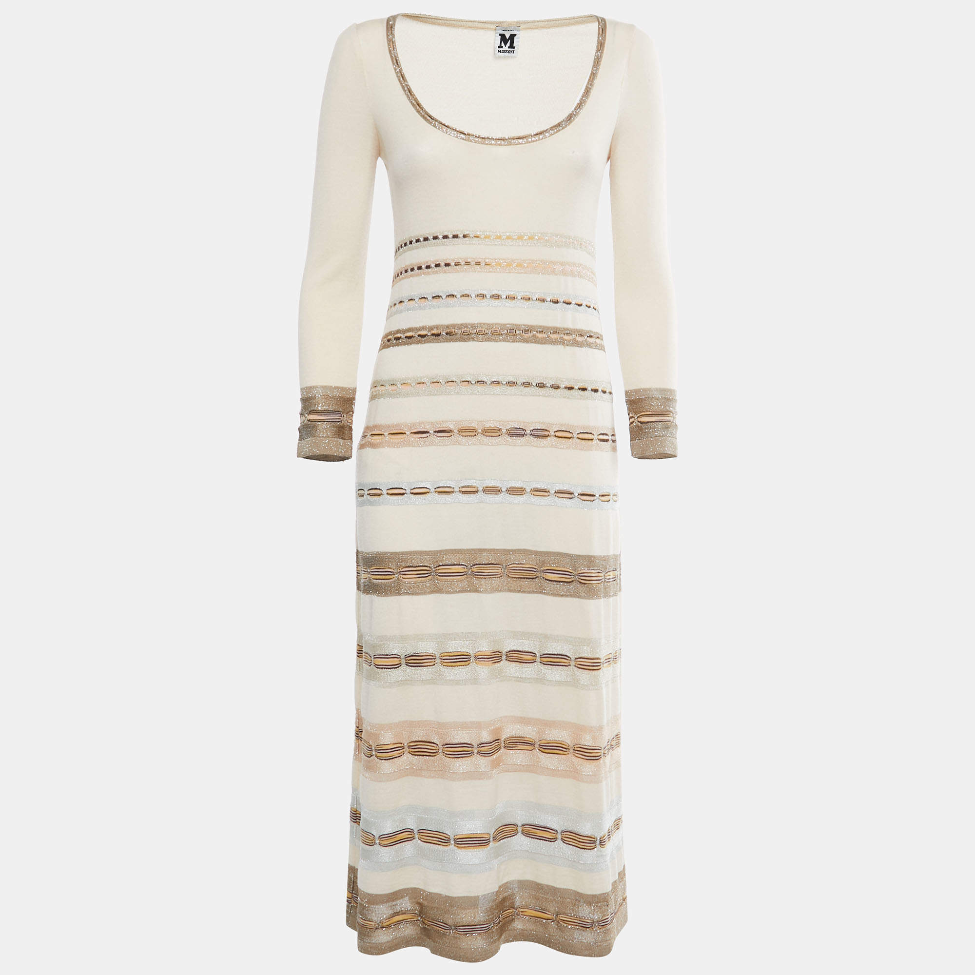 Pre Owned M Missoni Beige Multicolor Patterned Knit Midi Dress S