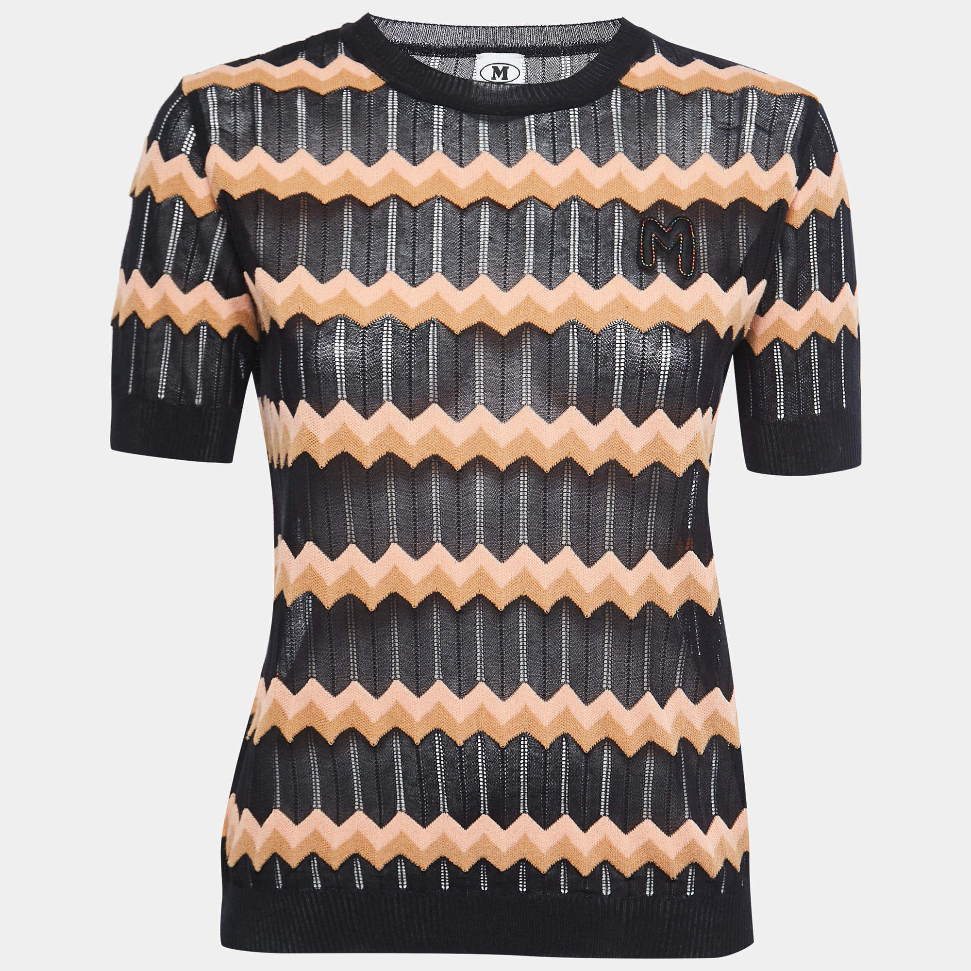 Pre Owned M Missoni Collection Black Chevron Patterned Knit Sweater Top M